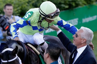 LOUISVILLE, KY - MAY 06:  Jockey John Velazquez, atop Always Dreaming #5, celebrates with trainer Todd Pletcher after winning the 143rd running of the Kentucky Derby at Churchill Downs on May 6, 2017 in Louisville, Kentucky.  (Photo by Andy Lyons/Getty Im