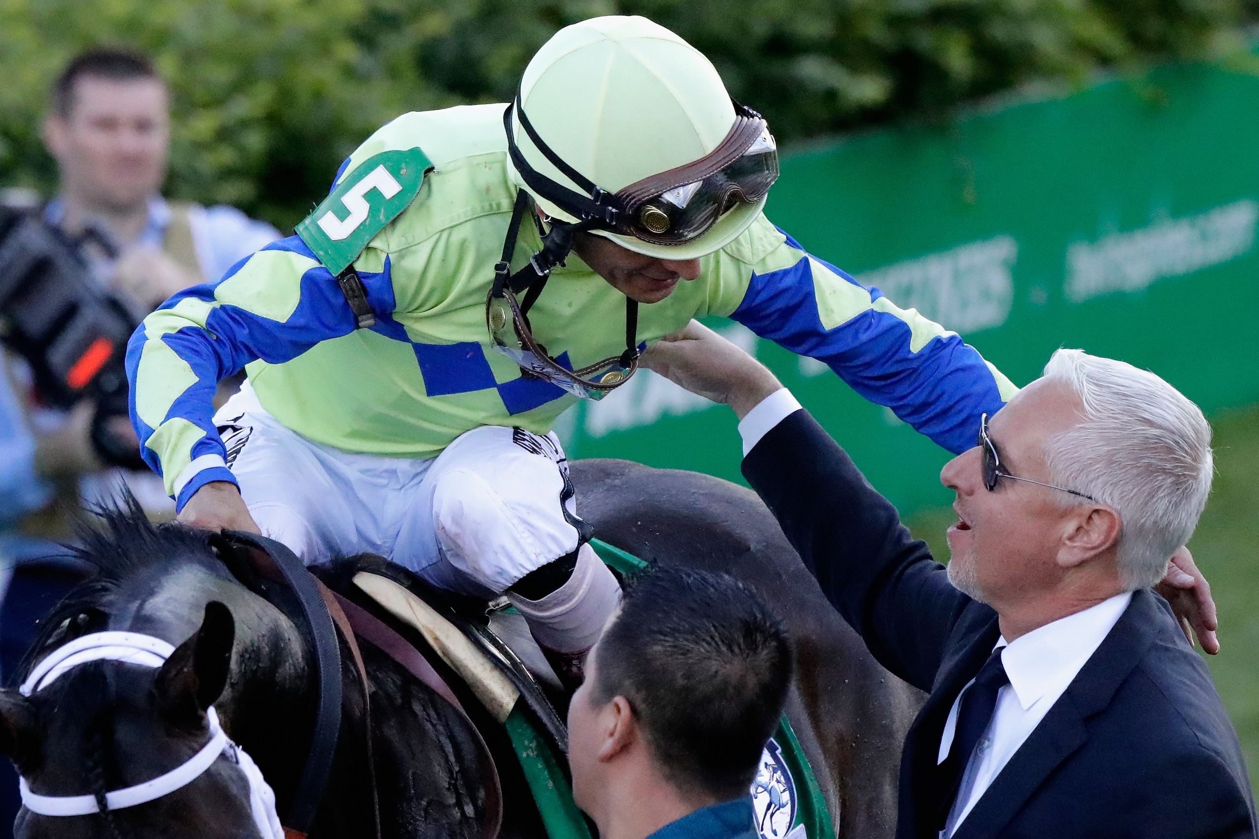 LOUISVILLE, KY - MAY 06:  Jockey John Velazquez, atop Always Dreaming #5, celebrates with trainer Todd Pletcher after winning the 143rd running of the Kentucky Derby at Churchill Downs on May 6, 2017 in Louisville, Kentucky.  (Photo by Andy Lyons/Getty Im