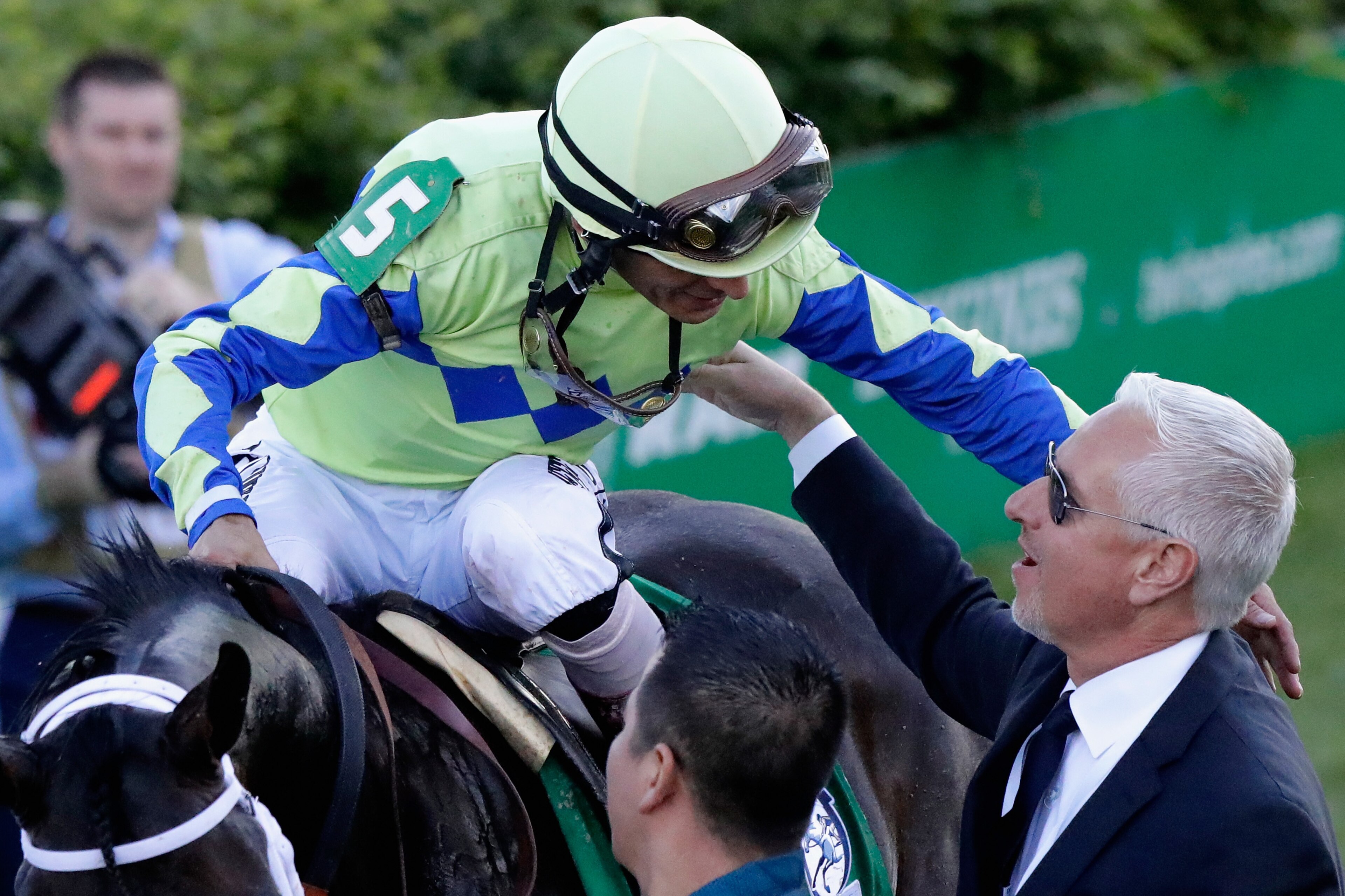 LOUISVILLE, KY - MAY 06:  Jockey John Velazquez, atop Always Dreaming #5, celebrates with trainer Todd Pletcher after winning the 143rd running of the Kentucky Derby at Churchill Downs on May 6, 2017 in Louisville, Kentucky.  (Photo by Andy Lyons/Getty Im