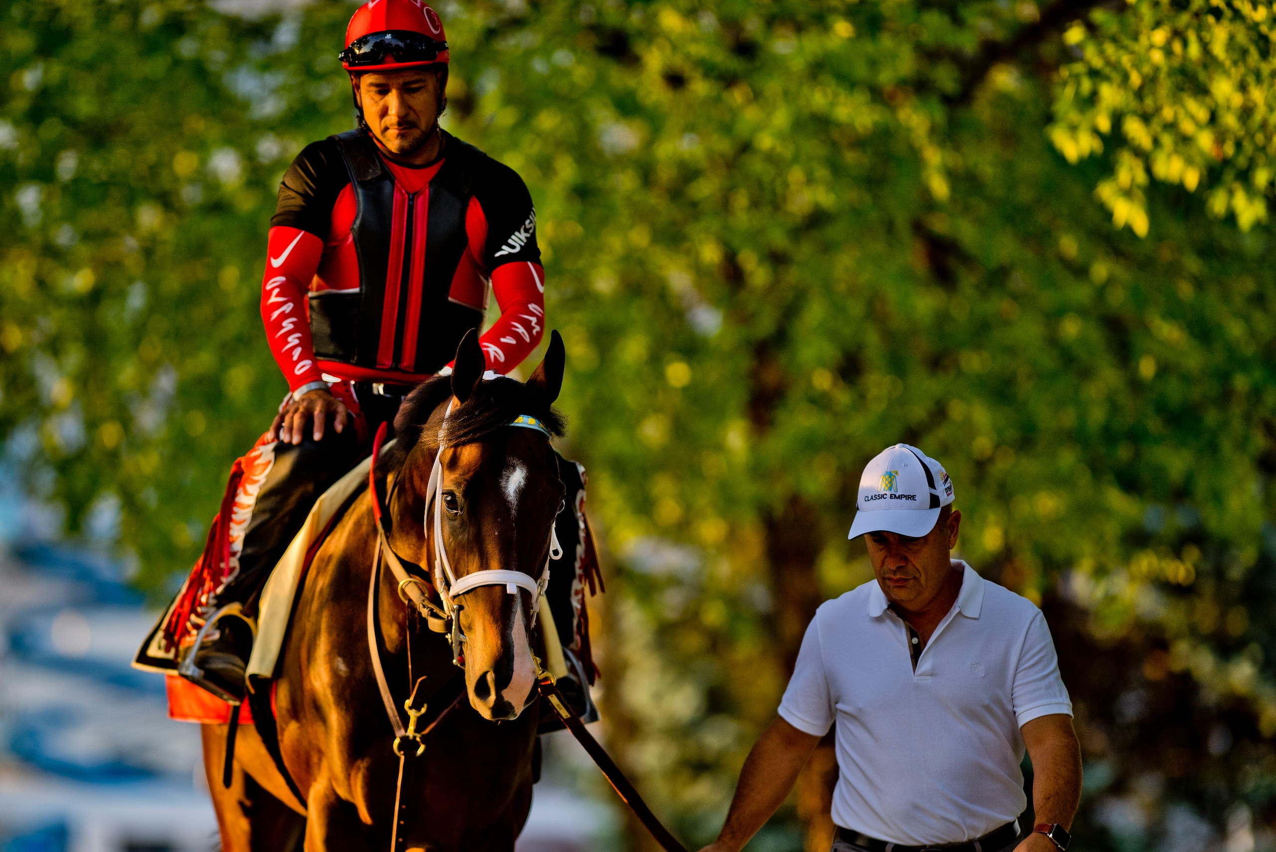BALTIMORE, MD - MAY 18: Preakness contender Classic Empire heads to a busy track with Trainer Mark Casse as preparations are in full swing for the Preakness Stakes this Saturday at Pimlico Race Course on May 18, 2017 in Baltimore, Maryland.(Photo by Scott