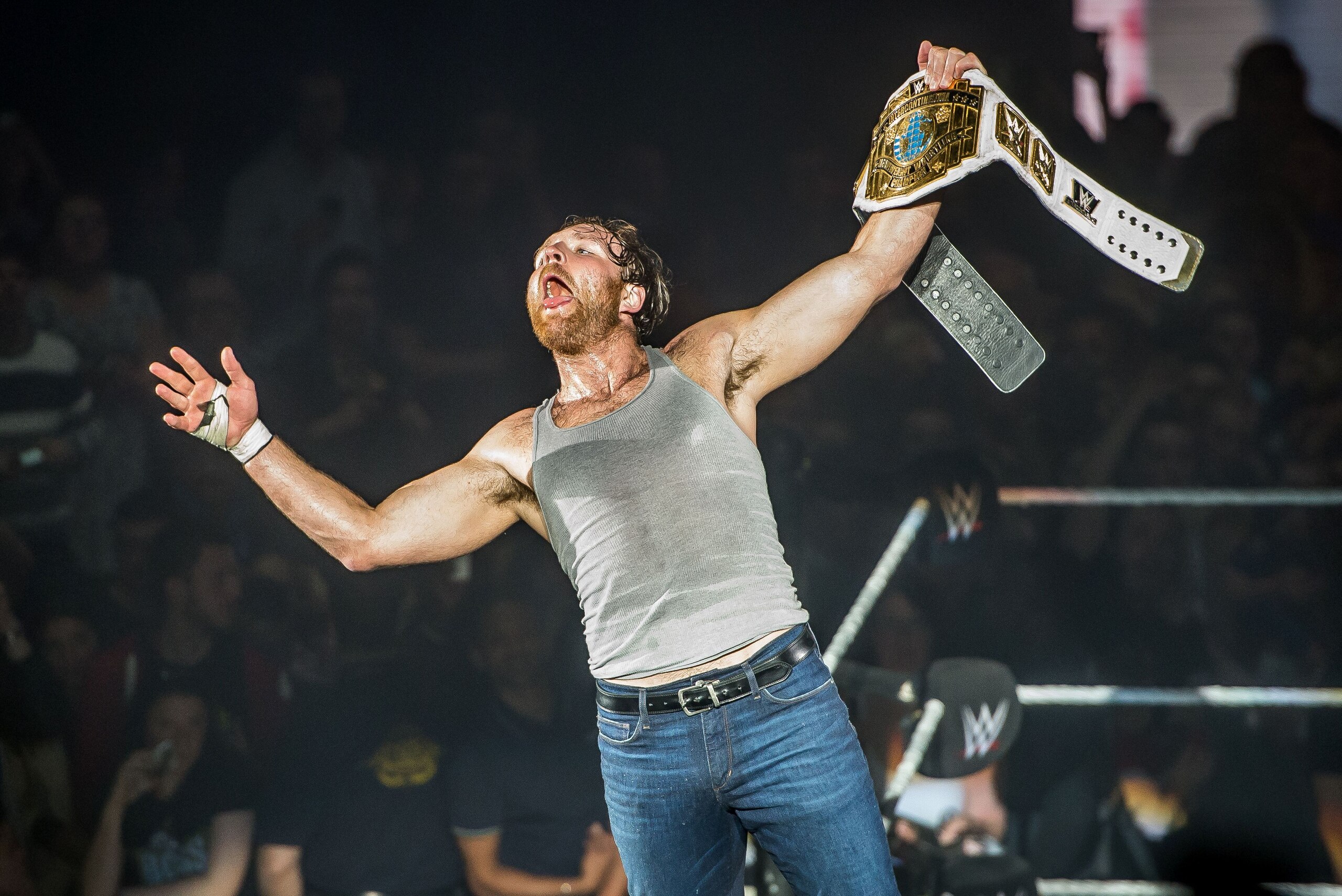 Dean Ambrose celebrates victory over the Wiz during the WWE show at Zenith Arena on may 09, 2017 in Lille, north France. / AFP PHOTO / PHILIPPE HUGUEN        (Photo credit should read PHILIPPE HUGUEN/AFP/Getty Images)