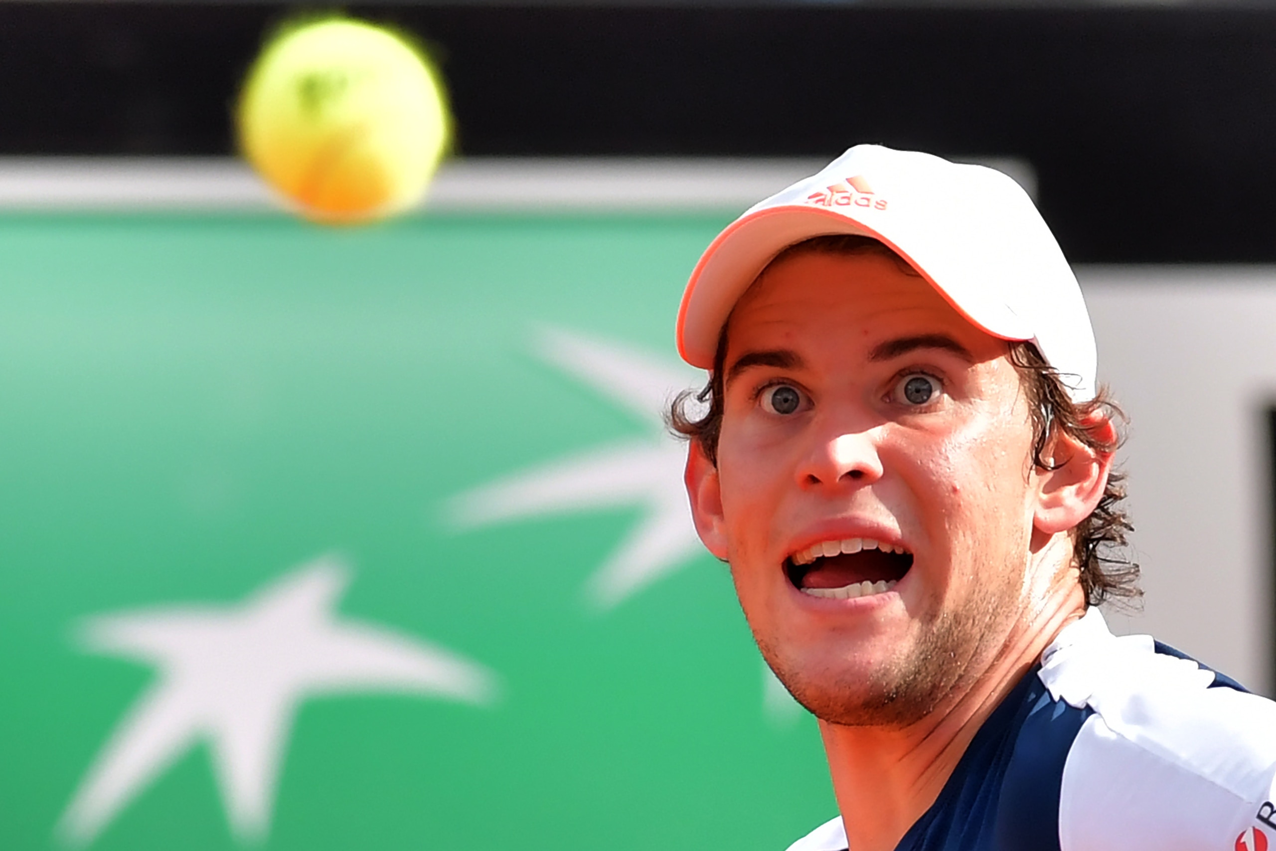 Dominic Thiem of Austria eyes the ball as he plays against Rafael Nadal of Spain during their quarter-final at the ATP Tennis Open tournament on May 19, 2017 at the Foro Italico in Rome.
Austria's Dominic Thiem sent Rafael Nadal crashing out of the Rome M