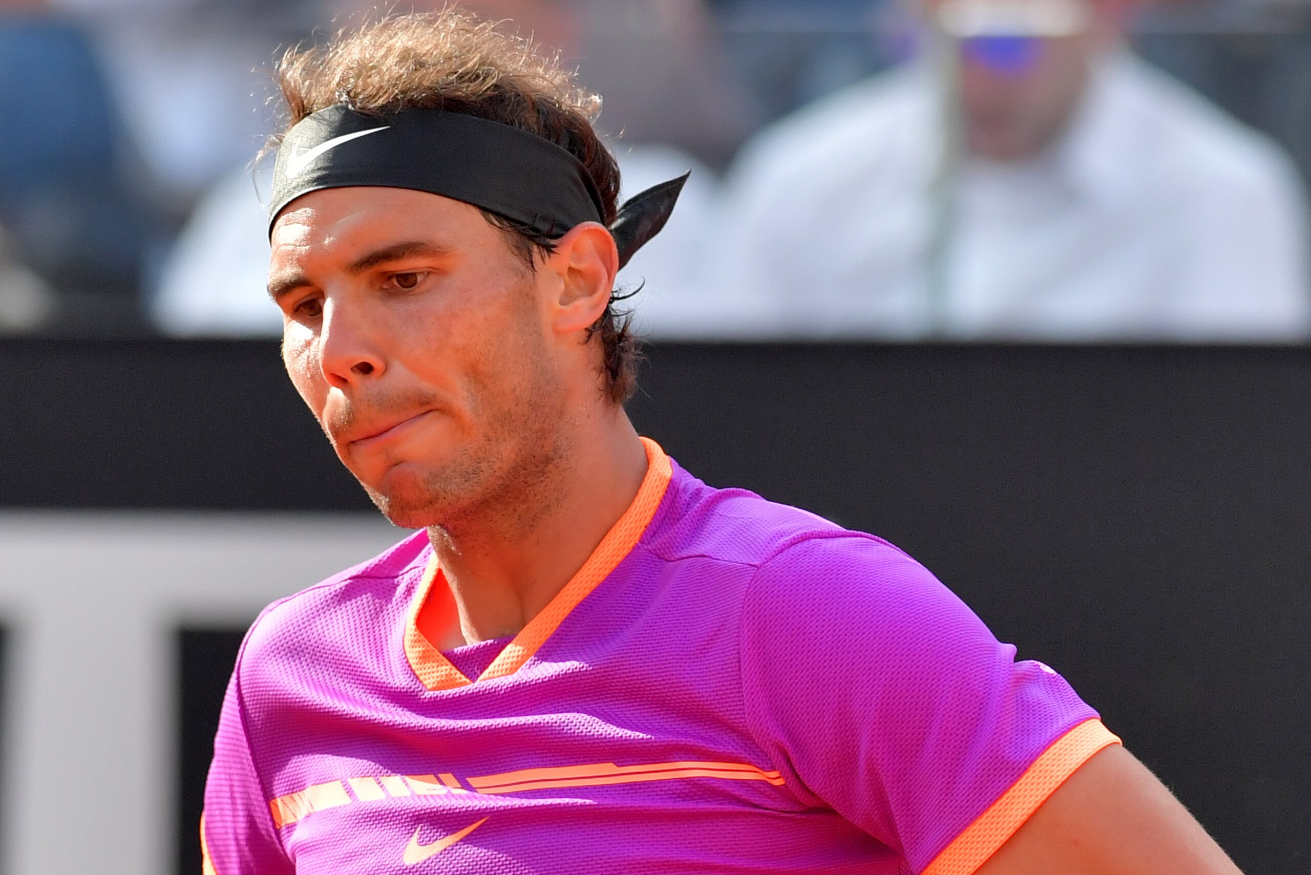 Rafael Nadal of Spain reacts after a point during his quarter-final against Dominic Thiem of Austria during the ATP Tennis Open tournament on May 19, 2017 at the Foro Italico in Rome.
Austria's Dominic Thiem sent Rafael Nadal crashing out of the Rome Mast