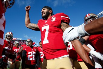 SANTA CLARA, CA - JANUARY 1: Colin Kaepernick #7 of the San Francisco 49ers fires the team up on the field prior to the game against the Seattle Seahawks at Levi Stadium on January 1, 2017 in Santa Clara, California. The Seahawks defeated the 49ers 25-23.