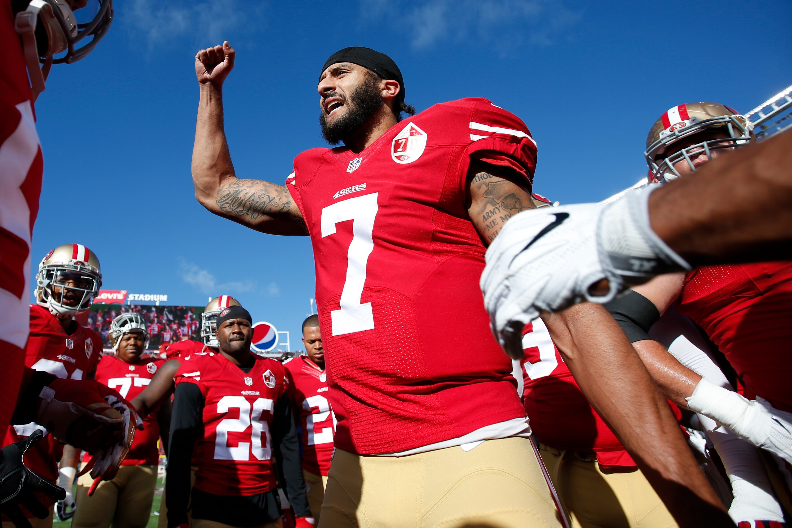 SANTA CLARA, CA - JANUARY 1: Colin Kaepernick #7 of the San Francisco 49ers fires the team up on the field prior to the game against the Seattle Seahawks at Levi Stadium on January 1, 2017 in Santa Clara, California. The Seahawks defeated the 49ers 25-23.