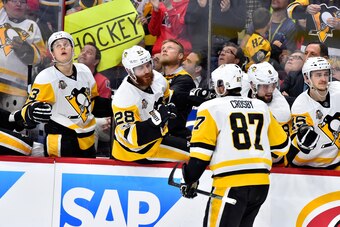 OTTAWA, ON - MAY 19:  Sidney Crosby #87 of the Pittsburgh Penguins celebrates with his teammates after scoring a goal against Craig Anderson #41 of the Ottawa Senators during the second period in Game Four of the Eastern Conference Final during the 2017 N