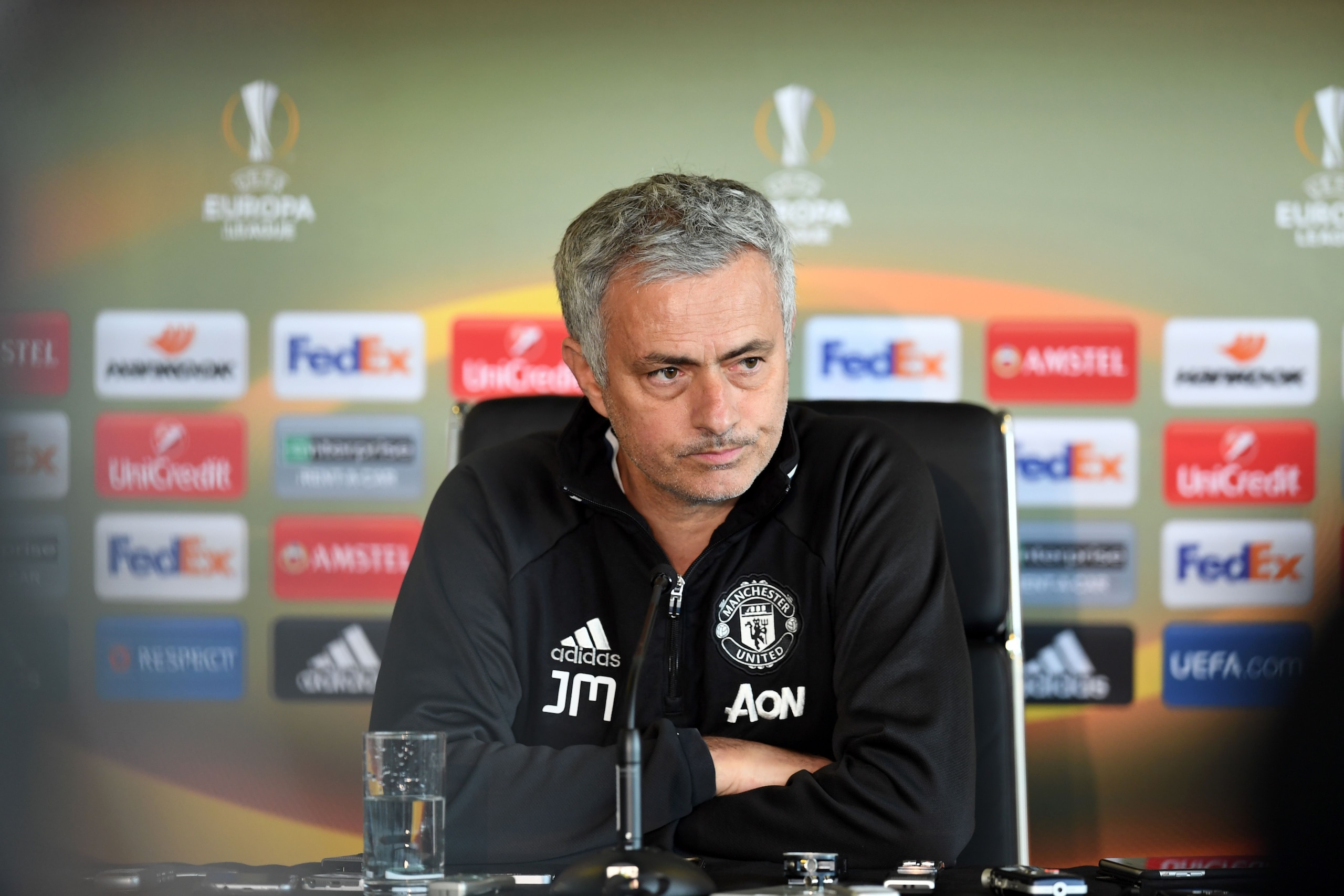 Manchester United's Portuguese manager Jose Mourinho speaks to members of the media at a press conference, part of a media open day at the club's training complex near Carrington, west of Manchester in north west England on May 19, 2017, ahead of their UE
