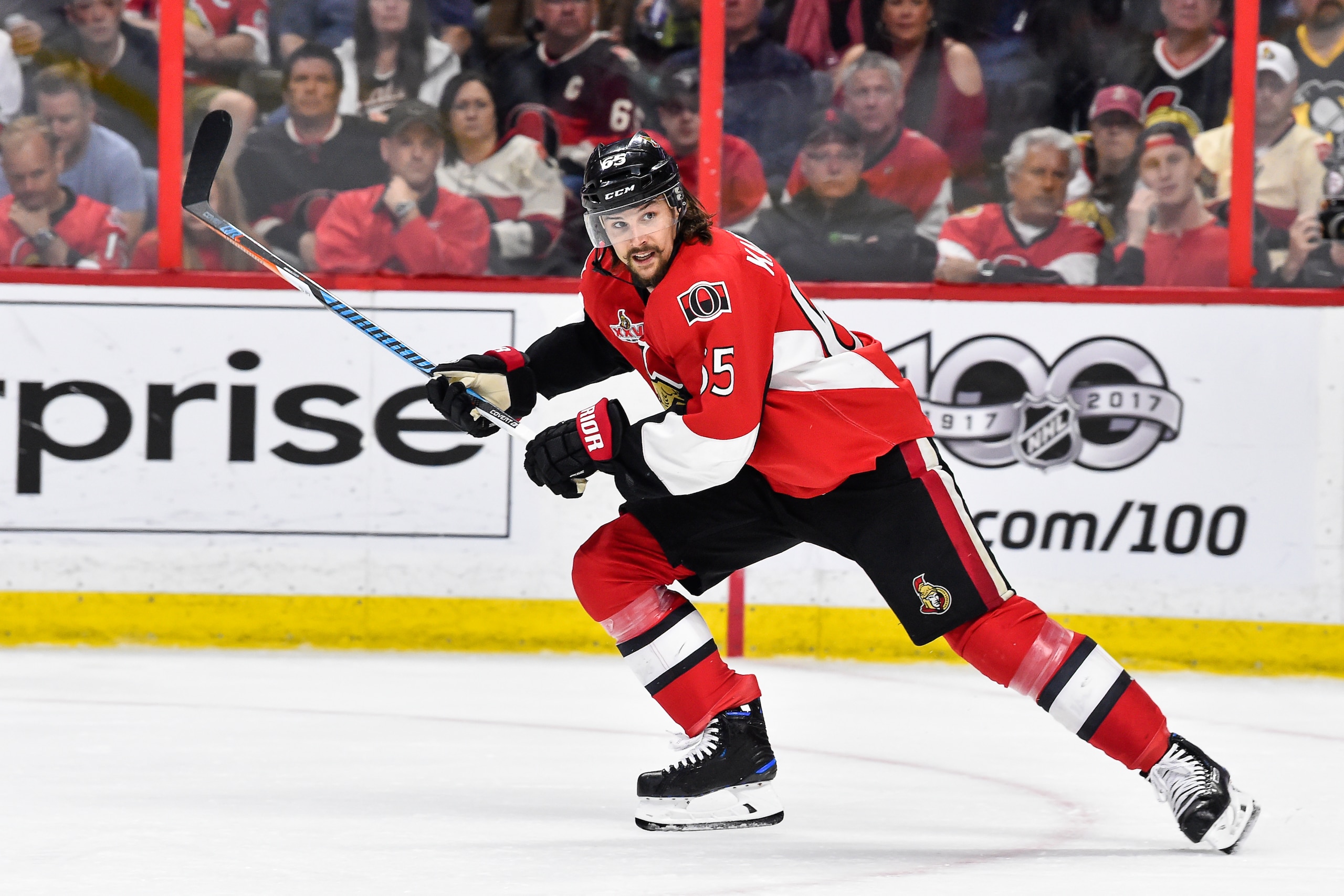 OTTAWA, ON - MAY 19:  Erik Karlsson #65 of the Ottawa Senators skates against the Pittsburgh Penguins in Game Four of the Eastern Conference Final during the 2017 NHL Stanley Cup Playoffs at Canadian Tire Centre on May 19, 2017 in Ottawa, Ontario, Canada.
