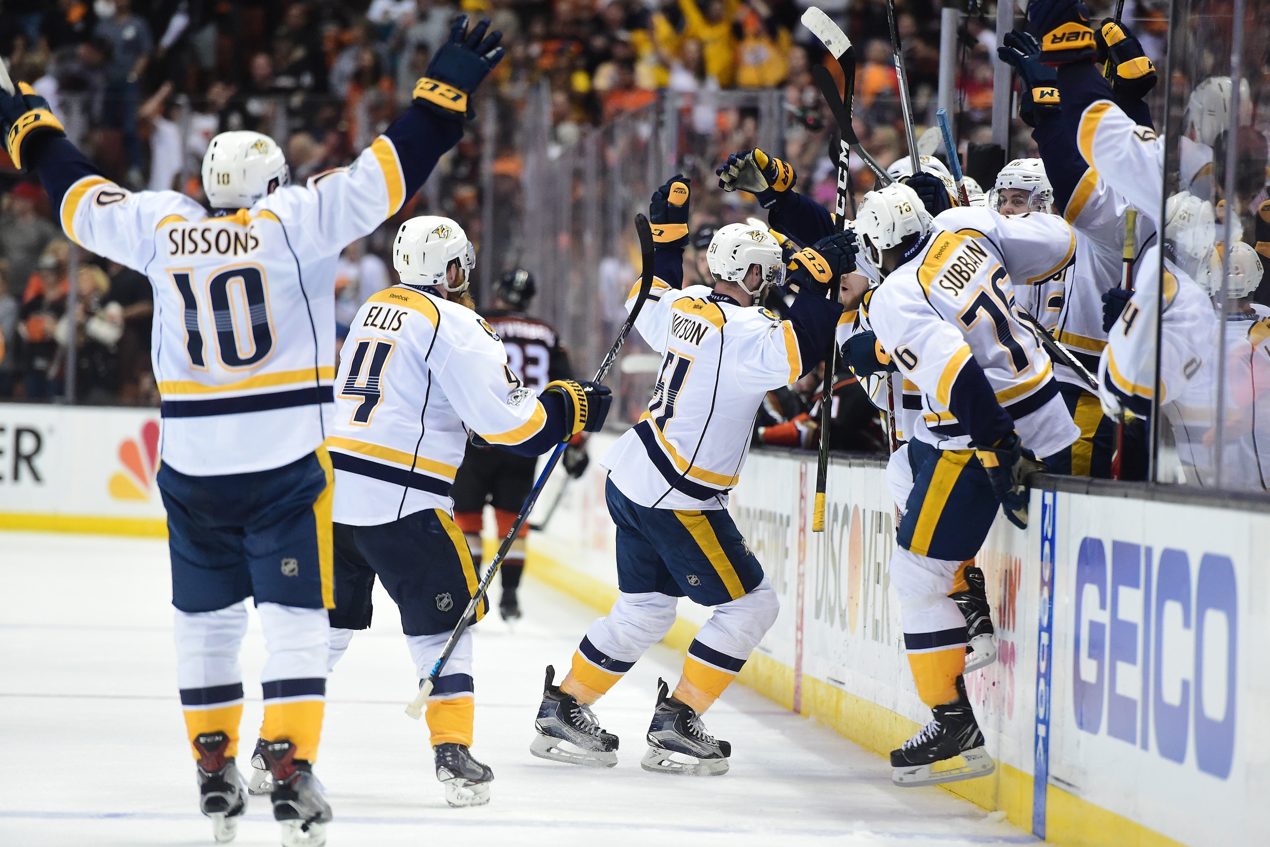 ANAHEIM, CA - MAY 20:  Austin Watson #51 of the Nashville Predators skates to the bench to celebrate after scoring an empty net goal in the third period of Game Five of the Western Conference Final during the 2017 Stanley Cup Playoffs at Honda Center on M