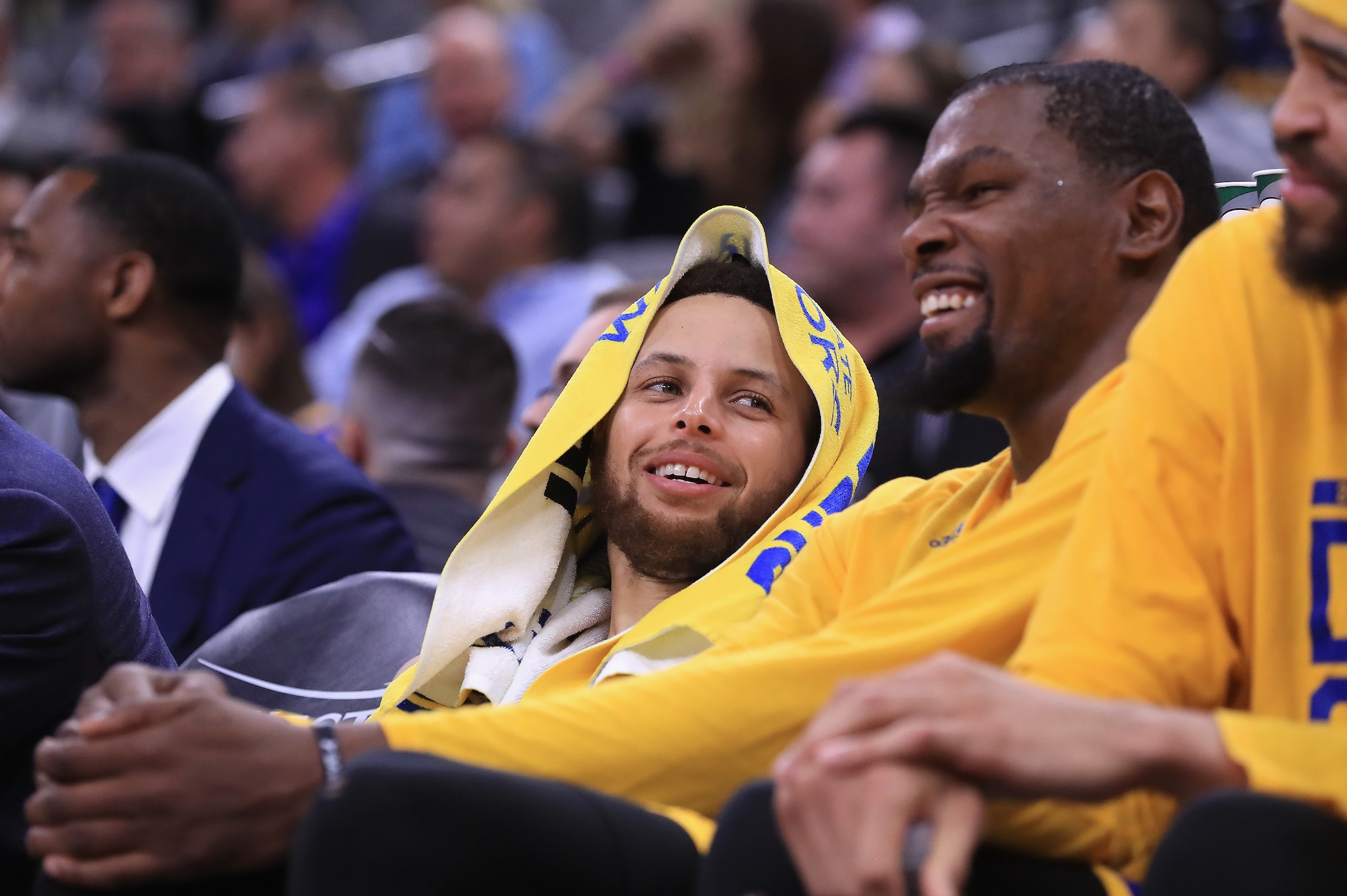 SAN ANTONIO, TX - MAY 20: Stephen Curry #30 and Kevin Durant #35 of the Golden State Warriors react on the bench during the fourth quarter against the San Antonio Spurs during Game Three of the 2017 NBA Western Conference Finals at AT&T Center on May 20, SAN ANTONIO, TX - MAY 20: Stephen Curry #30 and Kevin Durant #35 of the Golden State Warriors react on the bench during the fourth quarter against the San Antonio Spurs during Game Three of the 2017 NBA Western Conference Finals at AT&T Center on May 20,