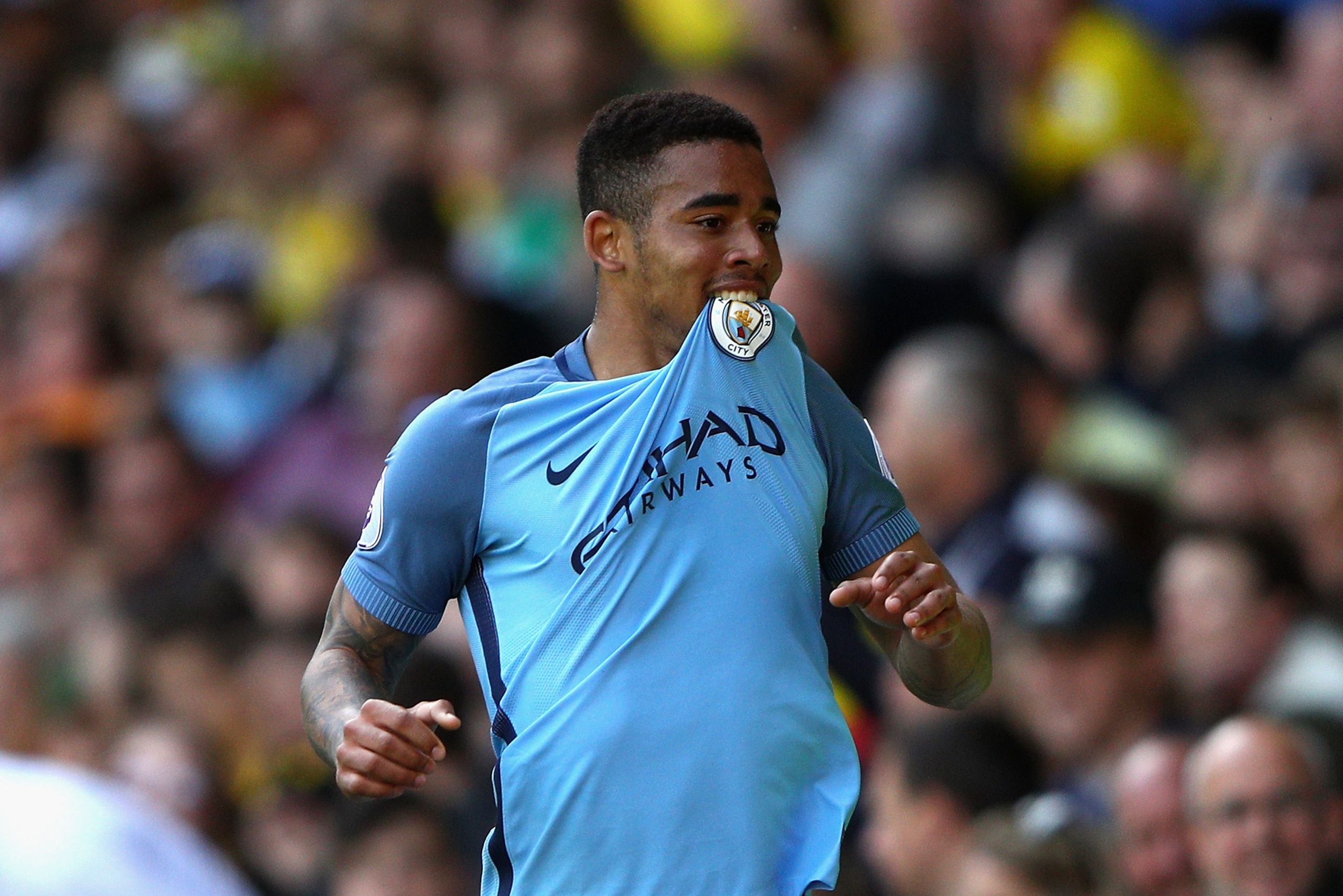 WATFORD, ENGLAND - MAY 21:  Gabriel Jesus of Manchester City celebrates scoring his sides fifth goal during the Premier League match between Watford and Manchester City at Vicarage Road on May 21, 2017 in Watford, England.  (Photo by Ian Walton/Getty Imag