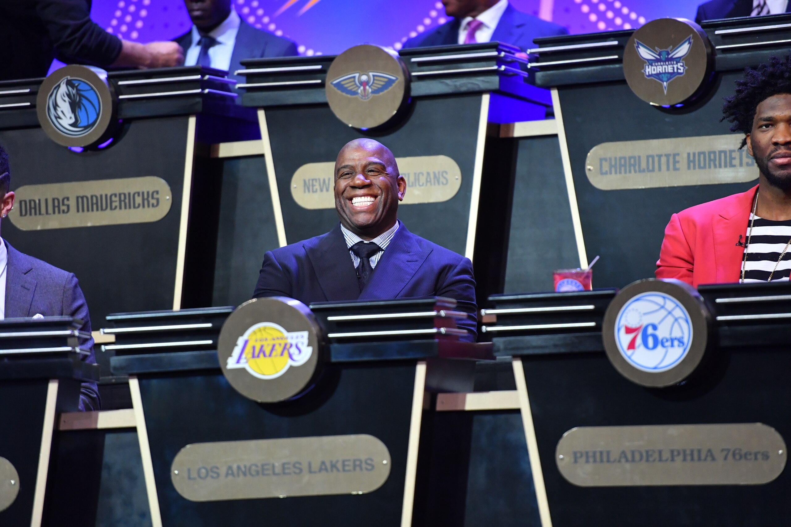 NEW YORK, NY - MAY 16:   Magic Johnson of the Los Angeles Lakers smiles during the 2017 NBA Draft Lottery at the New York Hilton in New York, New York. NOTE TO USER: User expressly acknowledges and agrees that, by downloading and or using this Photograph,
