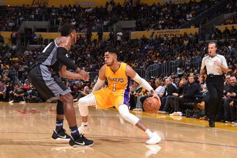 LOS ANGELES, CA - APRIL 7:  D'Angelo Russell #1 of the Los Angeles Lakers handles the ball during a game against the Sacramento Kings on April 7, 2017 at STAPLES Center in Los Angeles, California. NOTE TO USER: User expressly acknowledges and agrees that,