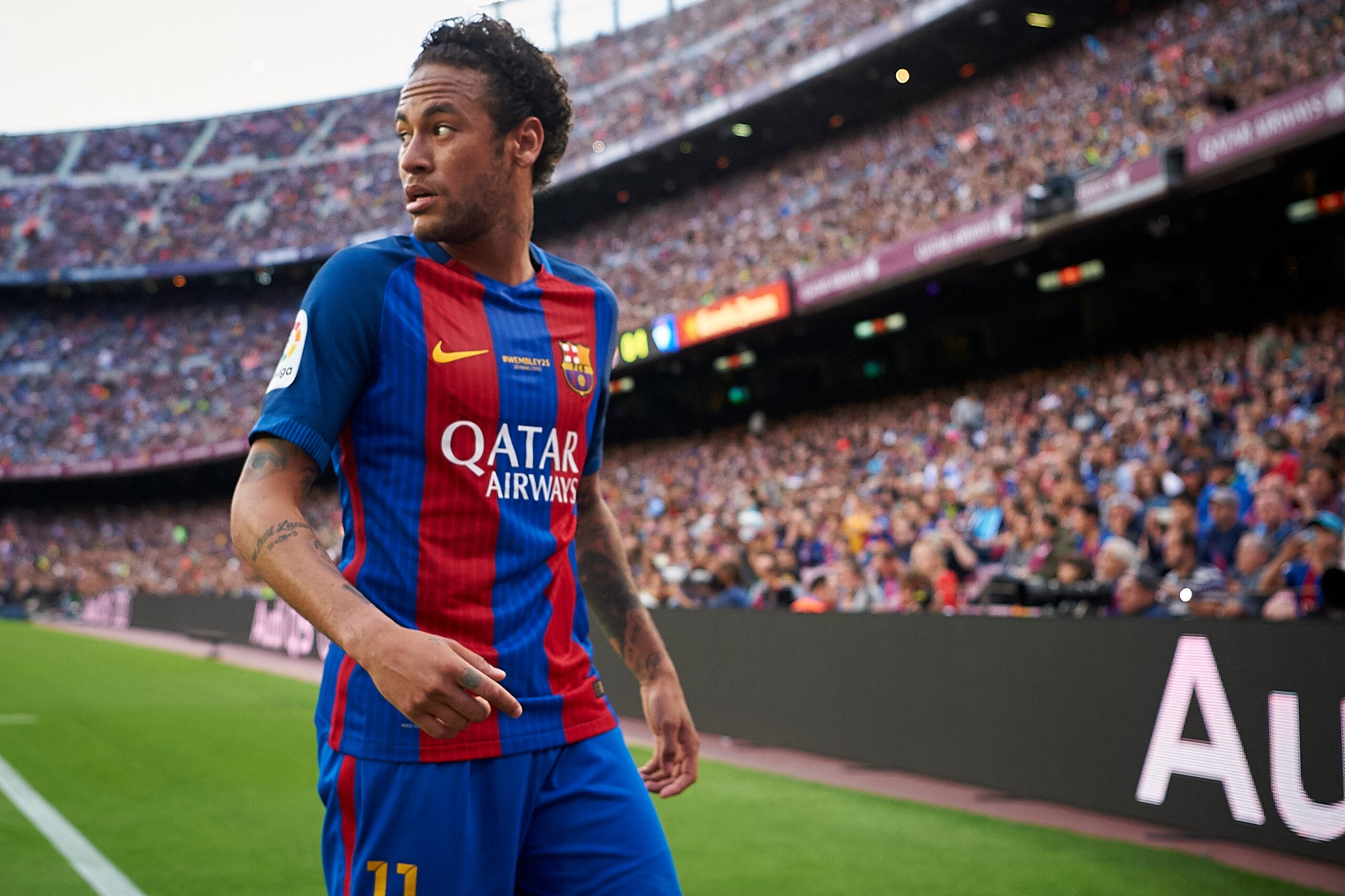 BARCELONA, SPAIN - MAY 21:  Neymar Jr of Barcelona looks on during the La Liga match between FC Barcelona and SD Eibar at Camp Nou Stadium on May 21, 2017 in Barcelona, Spain.  (Photo by fotopress/Getty Images)