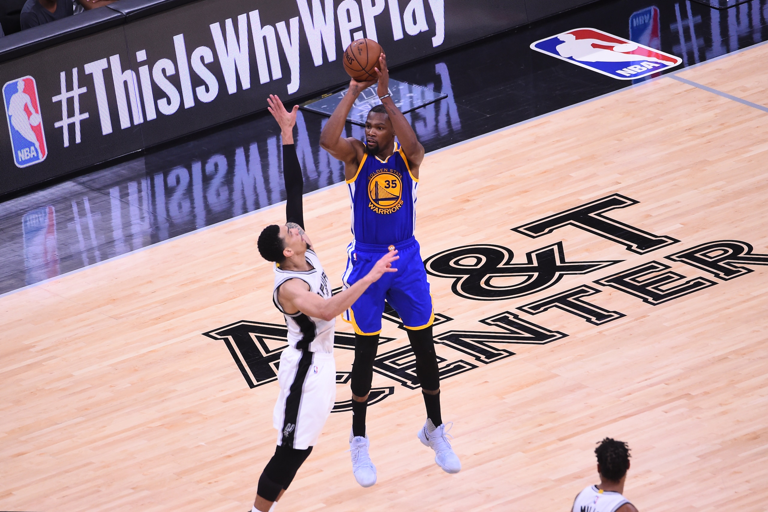 SAN ANTONIO, TX - MAY 20: Kevin Durant #35 of the Golden State Warriors shoots the ball against the San Antonio Spurs during Game Four of the Western Conference Finals of the 2017 NBA Playoffs on May 20, 2017 AT&T Center in San Antonio, Texas. NOTE TO USE