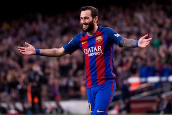 BARCELONA, SPAIN - FEBRUARY 04: Aleix Vidal of FC Barcelona celebrates after scoring his team's third goal during the La Liga match between FC Barcelona and Athletic Club at Camp Nou  stadium on February 4, 2017 in Barcelona, Spain. (Photo by Alex Caparro