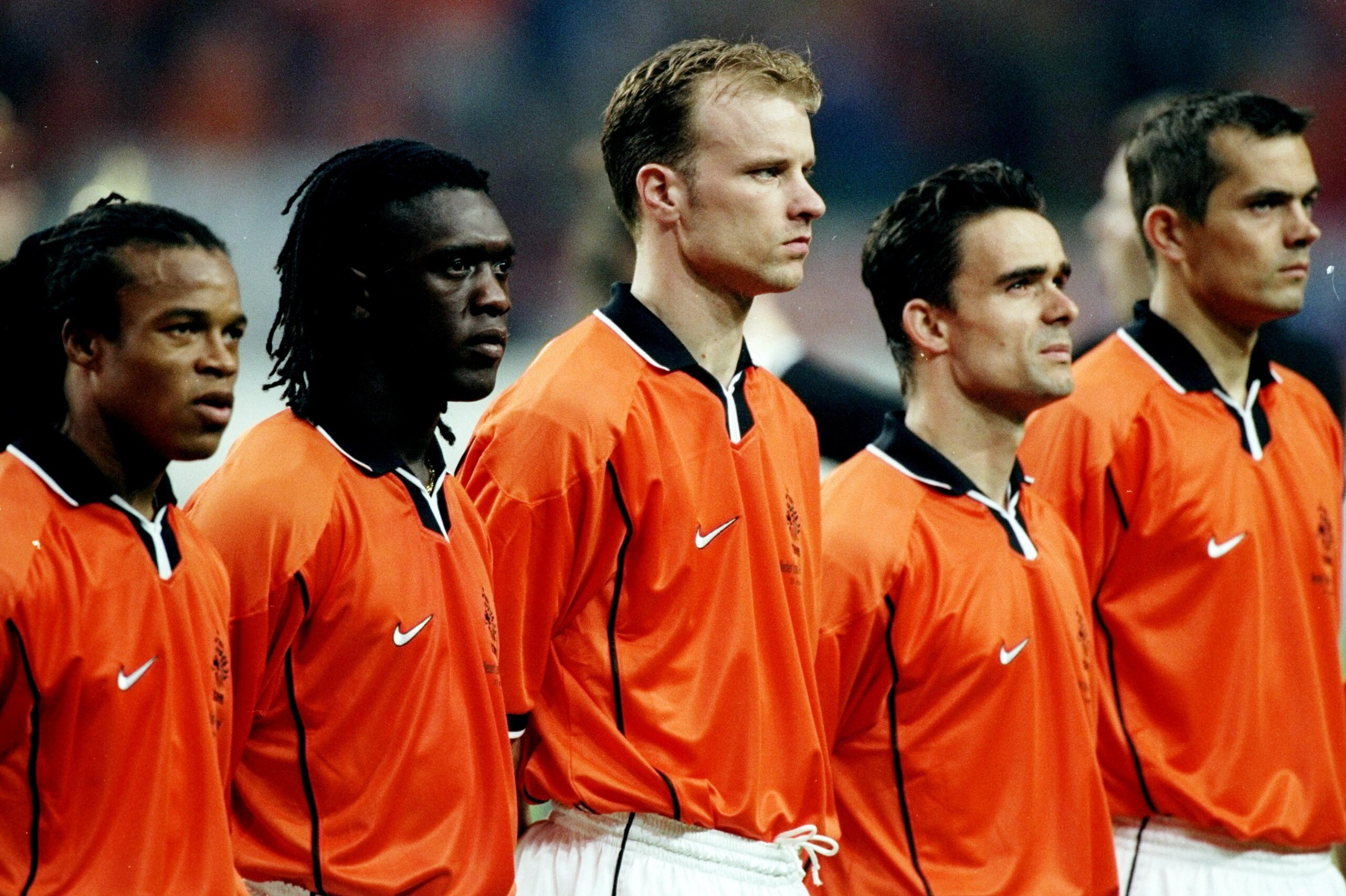 31 Mar 1999:  (L to R) Edgar Davids, Clarence Seedorf, Dennis Bergkamp, Marc Overmars and Phillip Cocu line up for Holland for the International Friendly against Argentina at the Amsterdam ArenA in Holland. The game ended 1-1.  \ Mandatory Credit: Stu For
