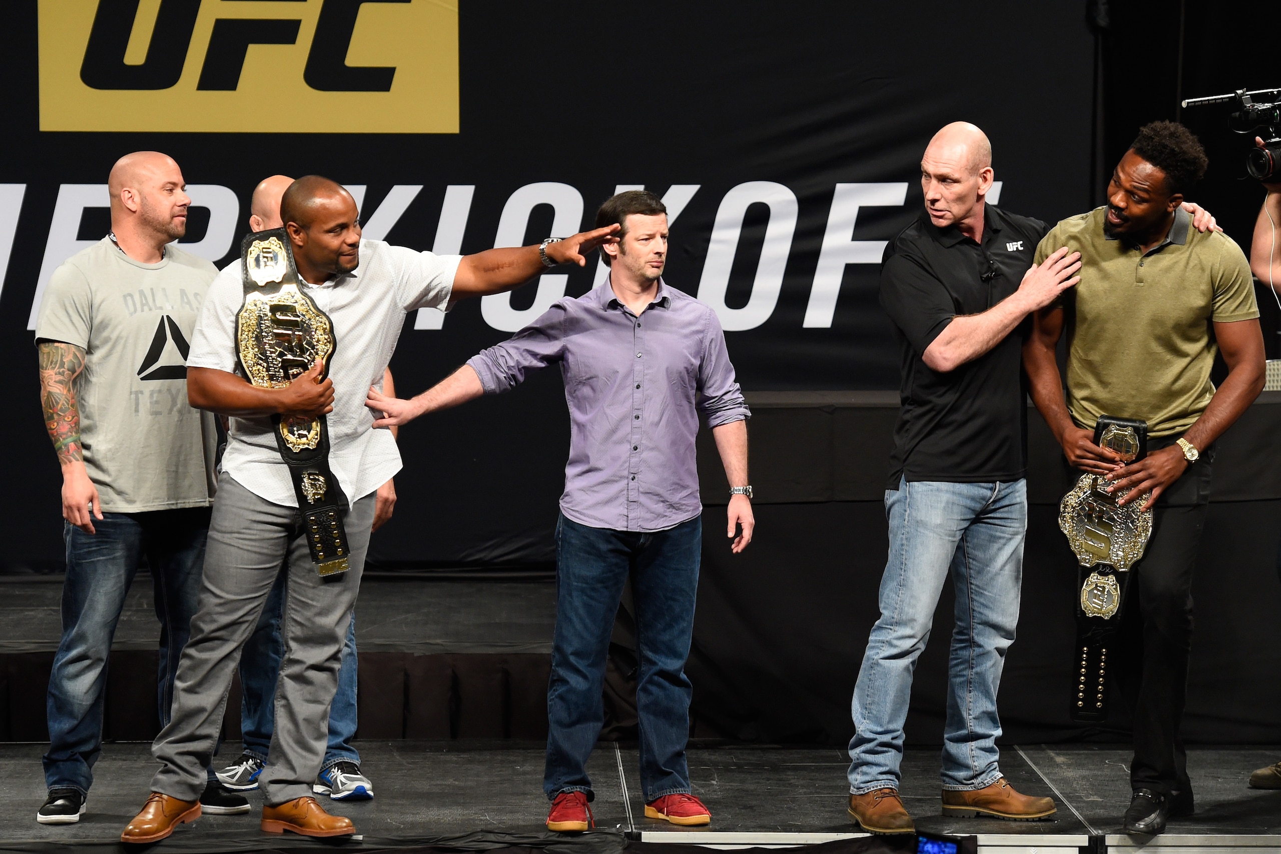 DALLAS, TX - MAY 12:  (L-R) UFC light heavyweight champion Daniel Cormier and Jon Jones face off during the UFC Summer Kickoff Press Conference at the American Airlines Center on May 12, 2017 in Dallas, Texas. (Photo by Josh Hedges/Zuffa LLC/Zuffa LLC via