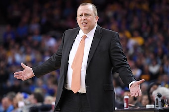 OAKLAND, CA - APRIL 04:  Head coach Tom Thibodeau of the Minnesota Timberwolves reacts to the calls on the court by the referees against the Golden State Warriors during an NBA basketball game at ORACLE Arena on April 4, 2017 in Oakland, California. NOTE 