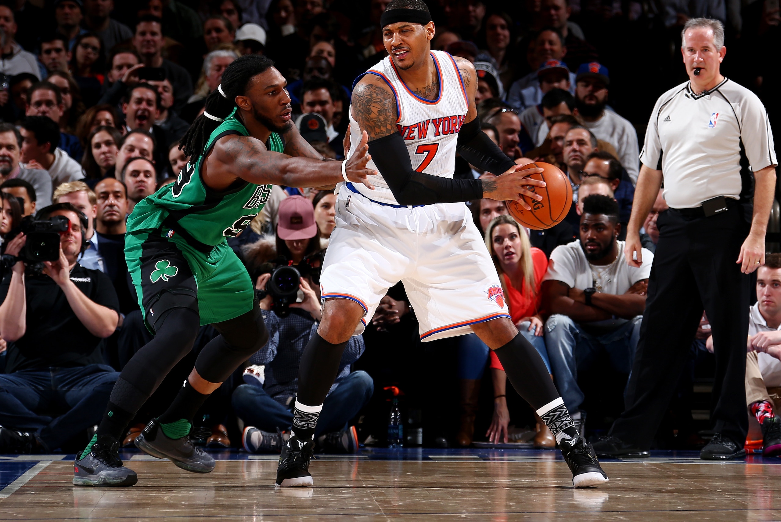 NEW YORK, NY - FEBRUARY 2: Carmelo Anthony #7 of the New York Knicks defends the ball against Jae Crowder #99 of the Boston Celtics during the game on February 2, 2016 at Madison Square Garden in New York, New York. NOTE TO USER: User expressly acknowledg