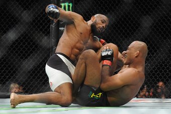 December 12, 2015; Las Vegas, NV, USA; Yoel Romero lands punches against Ronaldo Souza during UFC 194 at MGM Grand Garden Arena. Mandatory Credit: Gary A. Vasquez-USA TODAY Sports