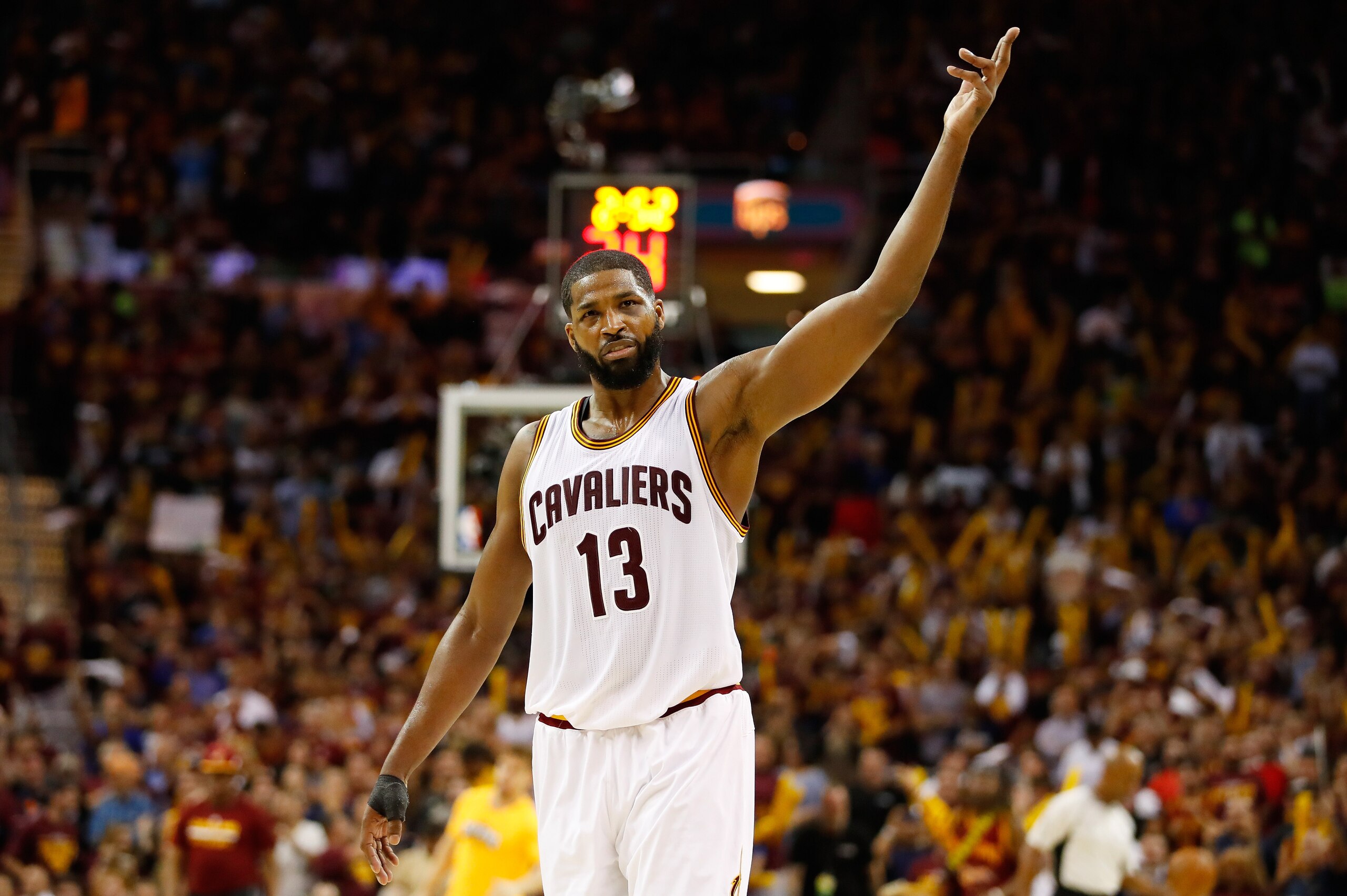 CLEVELAND, OH - MAY 23:  Tristan Thompson #13 of the Cleveland Cavaliers reacts in the third quarter against the Boston Celtics during Game Four of the 2017 NBA Eastern Conference Finals at Quicken Loans Arena on May 23, 2017 in Cleveland, Ohio. NOTE TO U