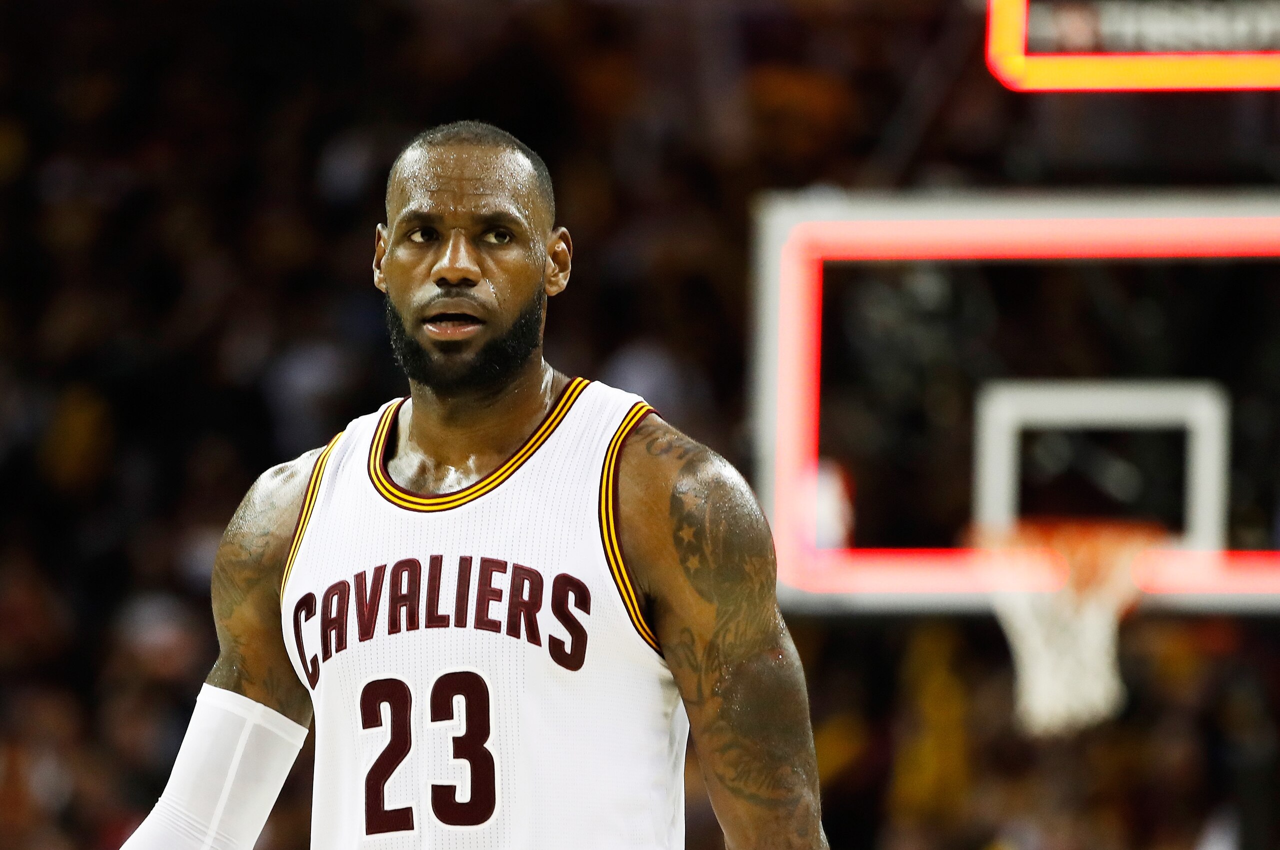 CLEVELAND, OH - MAY 23:  LeBron James #23 of the Cleveland Cavaliers reatcs to their 112 to 99 win over the Boston Celtics in Game Four of the 2017 NBA Eastern Conference Finals at Quicken Loans Arena on May 23, 2017 in Cleveland, Ohio. NOTE TO USER: User