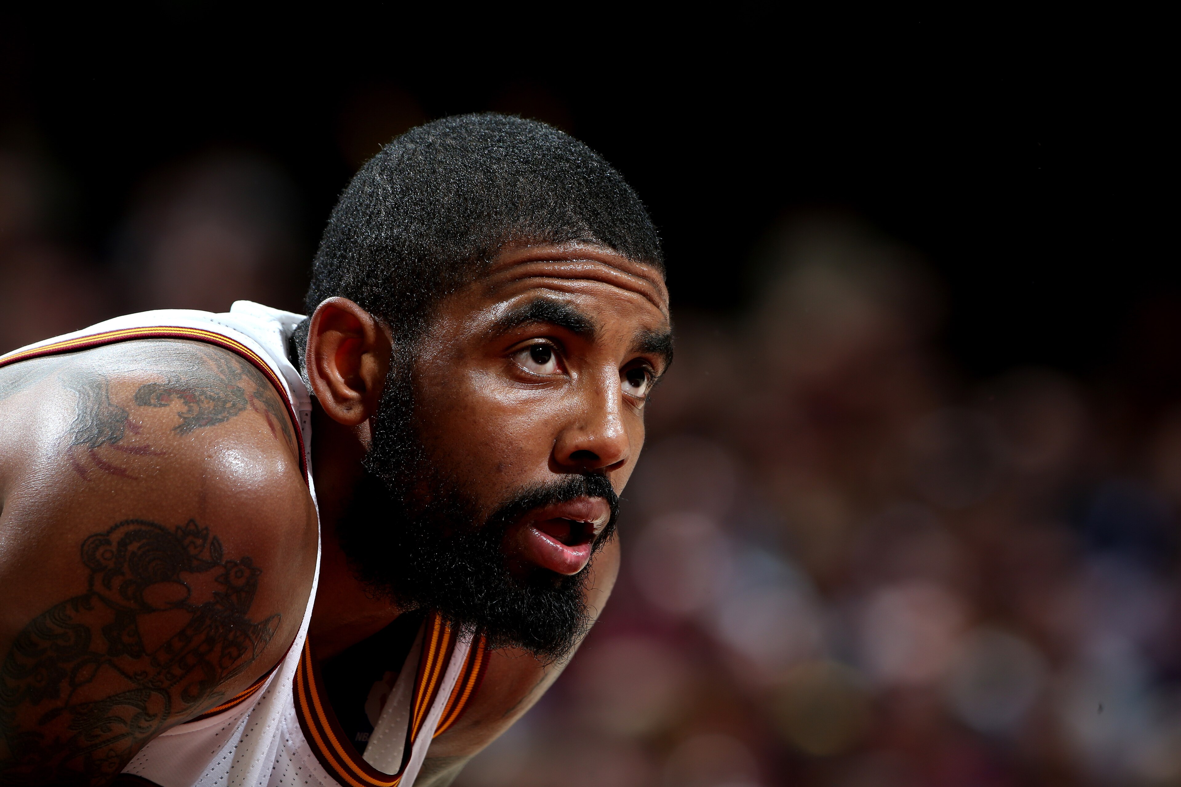 CLEVELAND, OH - MAY 23: Kyrie Irving #2 of the Cleveland Cavaliers looks on during the game against the Boston Celtics in Game Four of the Eastern Conference Finals during the 2017 NBA Playoffs on May 23, 2017 at Quicken Loans Arena in Cleveland, Ohio. N CLEVELAND, OH - MAY 23: Kyrie Irving #2 of the Cleveland Cavaliers looks on during the game against the Boston Celtics in Game Four of the Eastern Conference Finals during the 2017 NBA Playoffs on May 23, 2017 at Quicken Loans Arena in Cleveland, Ohio. N