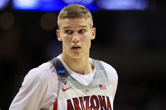SAN JOSE, CA - MARCH 23:  Lauri Markkanen #10 of the Arizona Wildcats looks on in the first half against the Xavier Musketeers during the 2017 NCAA Men's Basketball Tournament West Regional at SAP Center on March 23, 2017 in San Jose, California.  (Photo 