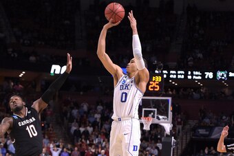 GREENVILLE, SC - MARCH 19: Jayson Tatum #0 of the Duke Blue Devils puts up a shot against the South Carolina Gamecocks during the second round of the 2017 NCAA Men's Basketball Tournament at Bon Secours Wellness Arena on March 19, 2017 in Greenville, Sout