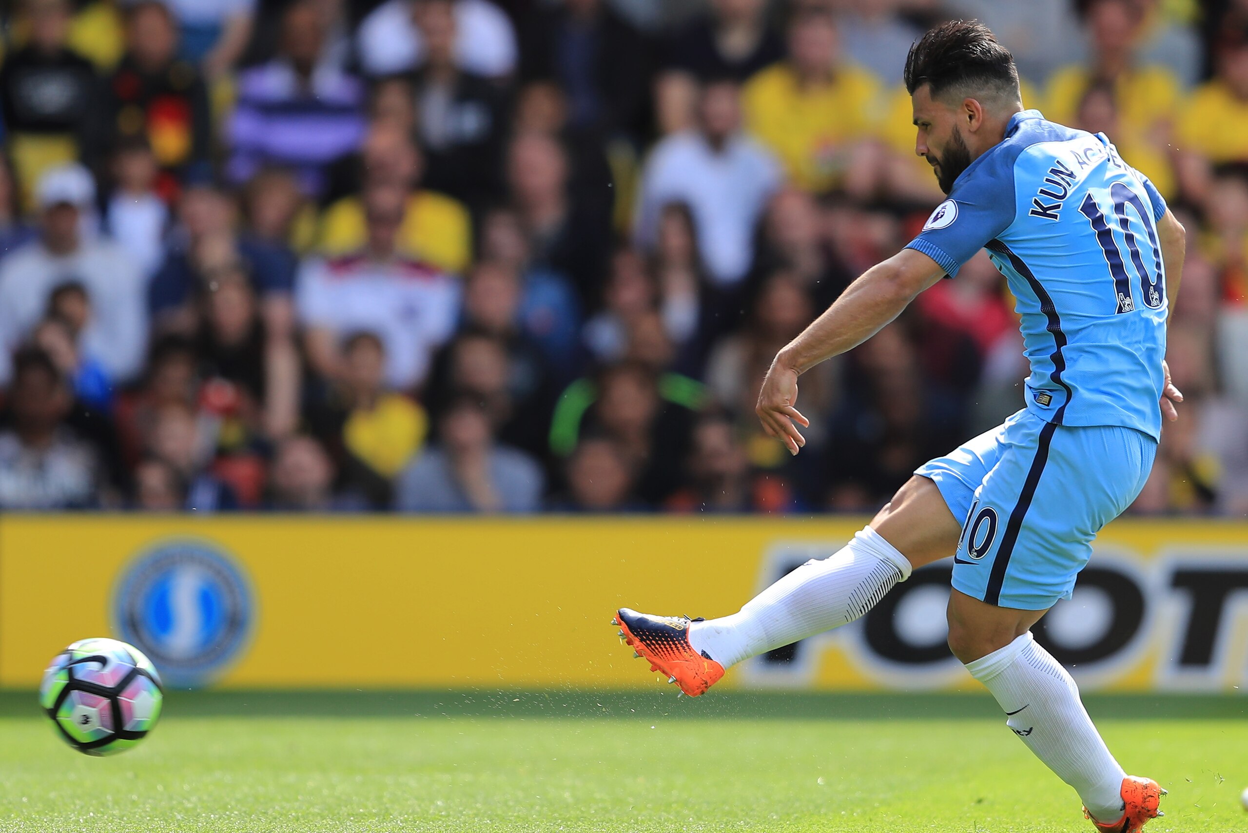 WATFORD, ENGLAND - MAY 21: Sergio Aguero of Manchester City scores his sides second goal during the Premier League match between Watford and Manchester City at Vicarage Road on May 21, 2017 in Watford, England.  (Photo by Richard Heathcote/Getty Images)
