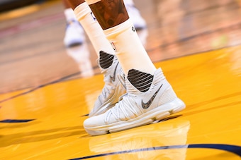 OAKLAND, CA - MAY 14: Sneakers worn by Kevin Durant #35 of the Golden State Warriors during the game against the San Antonio Spurs during Game One of the Western Conference Finals of the 2017 NBA Playoffs on May 14, 2017 at ORACLE Arena in Oakland, Califo