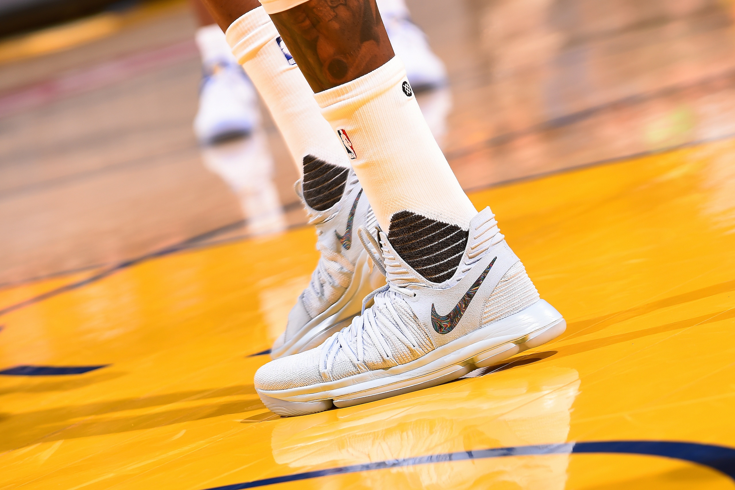 OAKLAND, CA - MAY 14: Sneakers worn by Kevin Durant #35 of the Golden State Warriors during the game against the San Antonio Spurs during Game One of the Western Conference Finals of the 2017 NBA Playoffs on May 14, 2017 at ORACLE Arena in Oakland, Califo