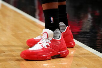 CHICAGO, IL - APRIL 23: The sneakers of Dwyane Wade #3 of the Chicago Bulls before the game against the Boston Celtics in Game Four during the Eastern Quarterfinals of the 2017 NBA Playoffs on April 23, 2017 at the United Center in Chicago, Illinois. NOTE