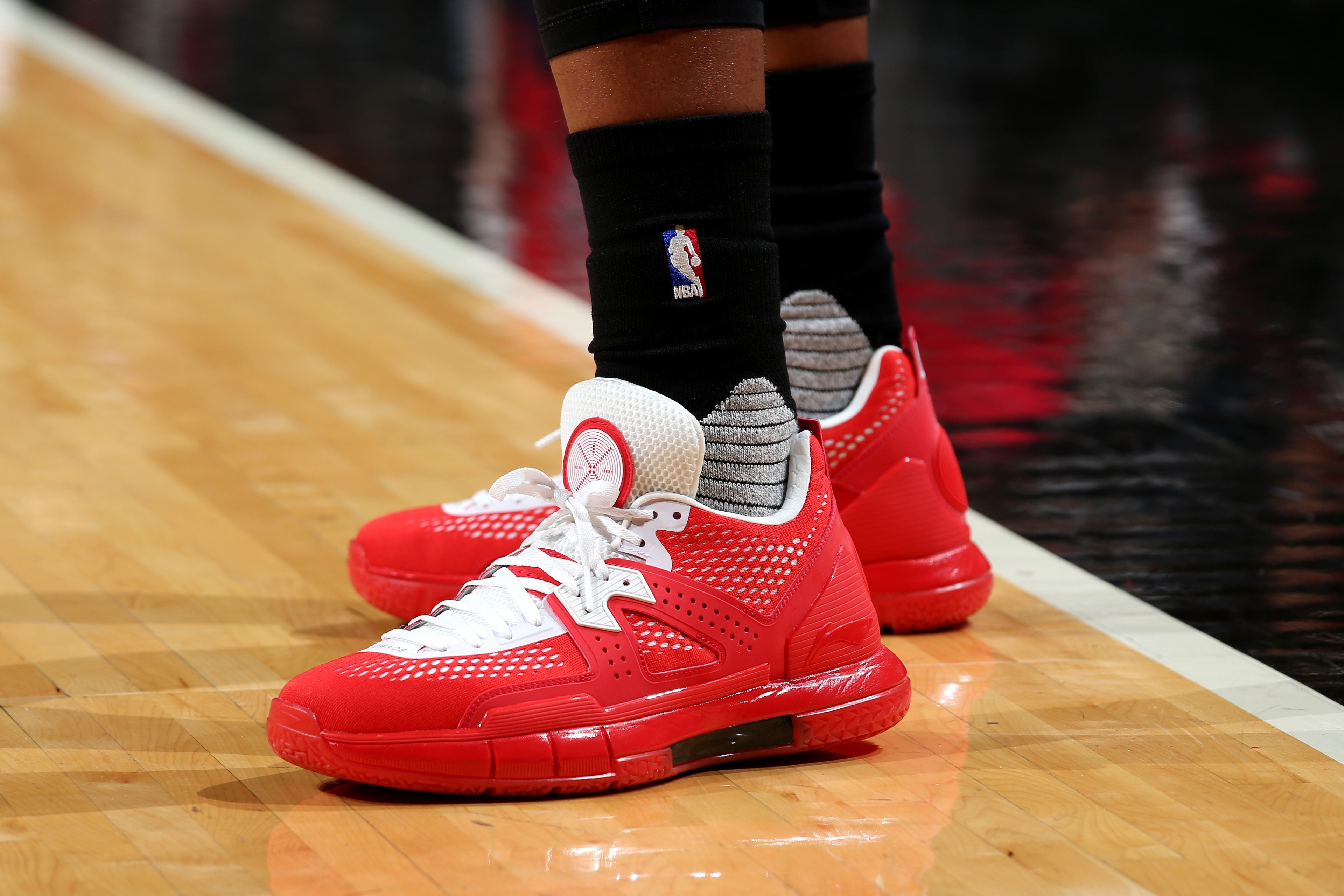 CHICAGO, IL - APRIL 23: The sneakers of Dwyane Wade #3 of the Chicago Bulls before the game against the Boston Celtics in Game Four during the Eastern Quarterfinals of the 2017 NBA Playoffs on April 23, 2017 at the United Center in Chicago, Illinois. NOTE