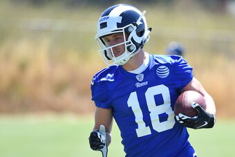 May 12, 2017; Thousand Oaks, CA, USA; Los Angeles Rams wide receiver Cooper Kupp (18) runs the ball during rookie camp at the team's practice facility in Thousand Oaks. Mandatory Credit: Jayne Kamin-Oncea-USA TODAY Sports