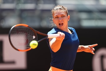 ROME, ITALY - MAY 21:  Simona Halep of Romania in action during the women's final against Elina Svitolina of Ukraine  on Day Eight of the Internazionali BNL d'Italia 2017  at Foro Italico on May 21, 2017 in Rome, Italy.  (Photo by Michael Steele/Getty Ima