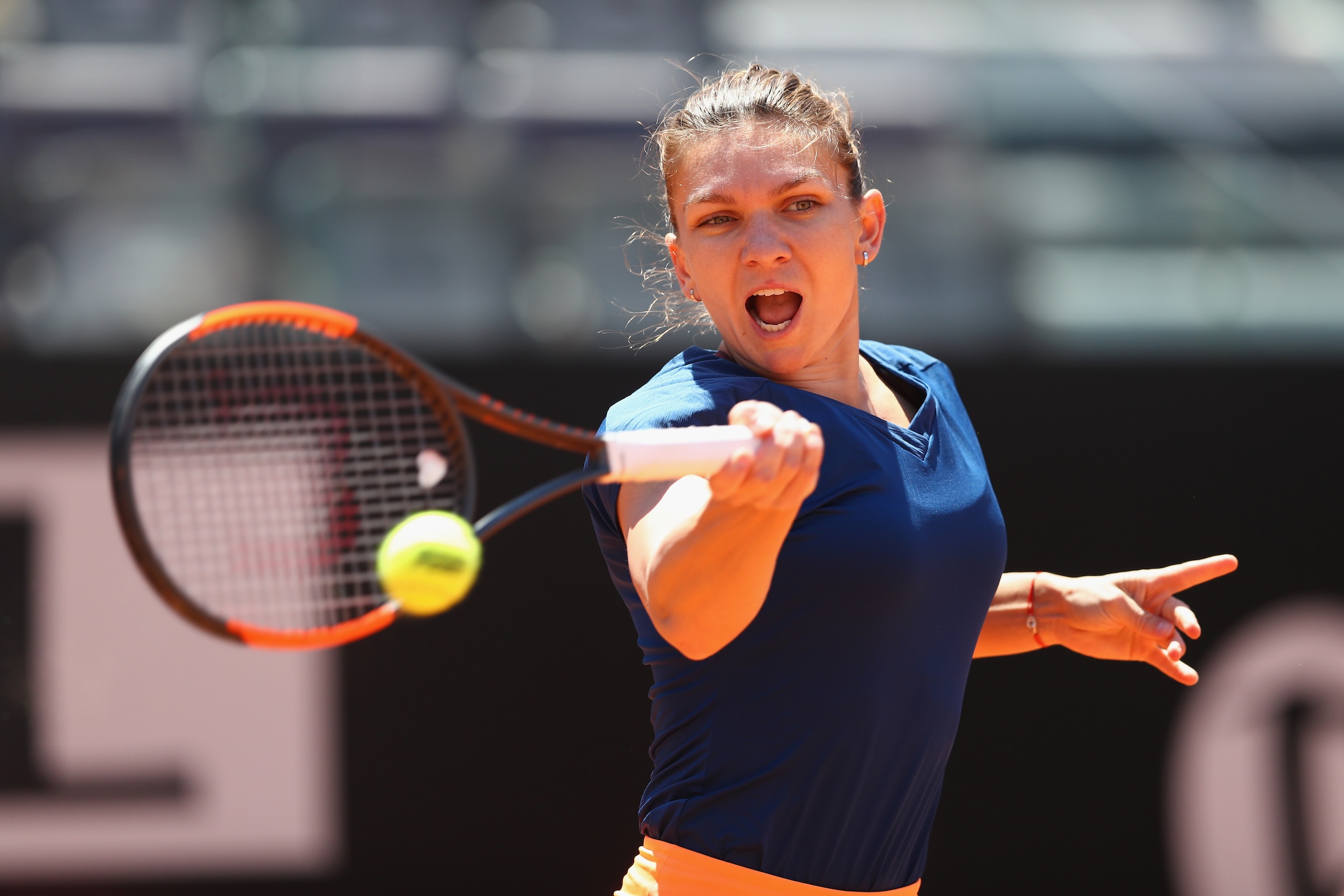 ROME, ITALY - MAY 21:  Simona Halep of Romania in action during the women's final against Elina Svitolina of Ukraine  on Day Eight of the Internazionali BNL d'Italia 2017  at Foro Italico on May 21, 2017 in Rome, Italy.  (Photo by Michael Steele/Getty Ima