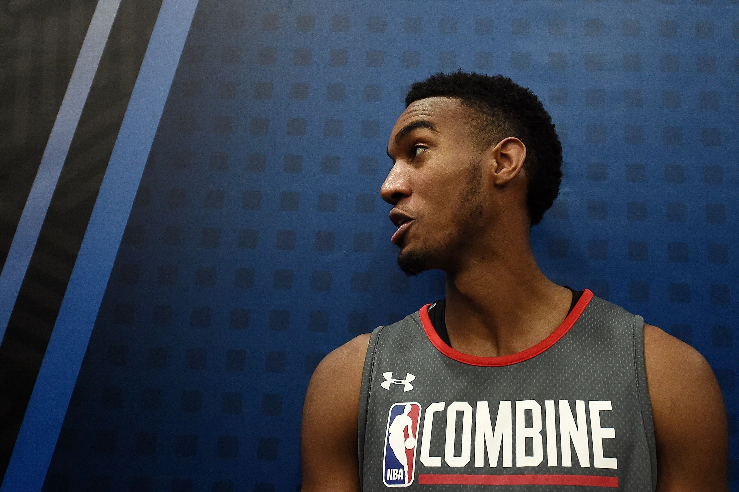 CHICAGO, IL - MAY 12:  Terrance Ferguson #21 speaks to reporters during Day Two of the NBA Draft Combine at Quest MultiSport Complex on May 12, 2017 in Chicago, Illinois.  NOTE TO USER: User expressly acknowledges and agrees that, by downloading and or us