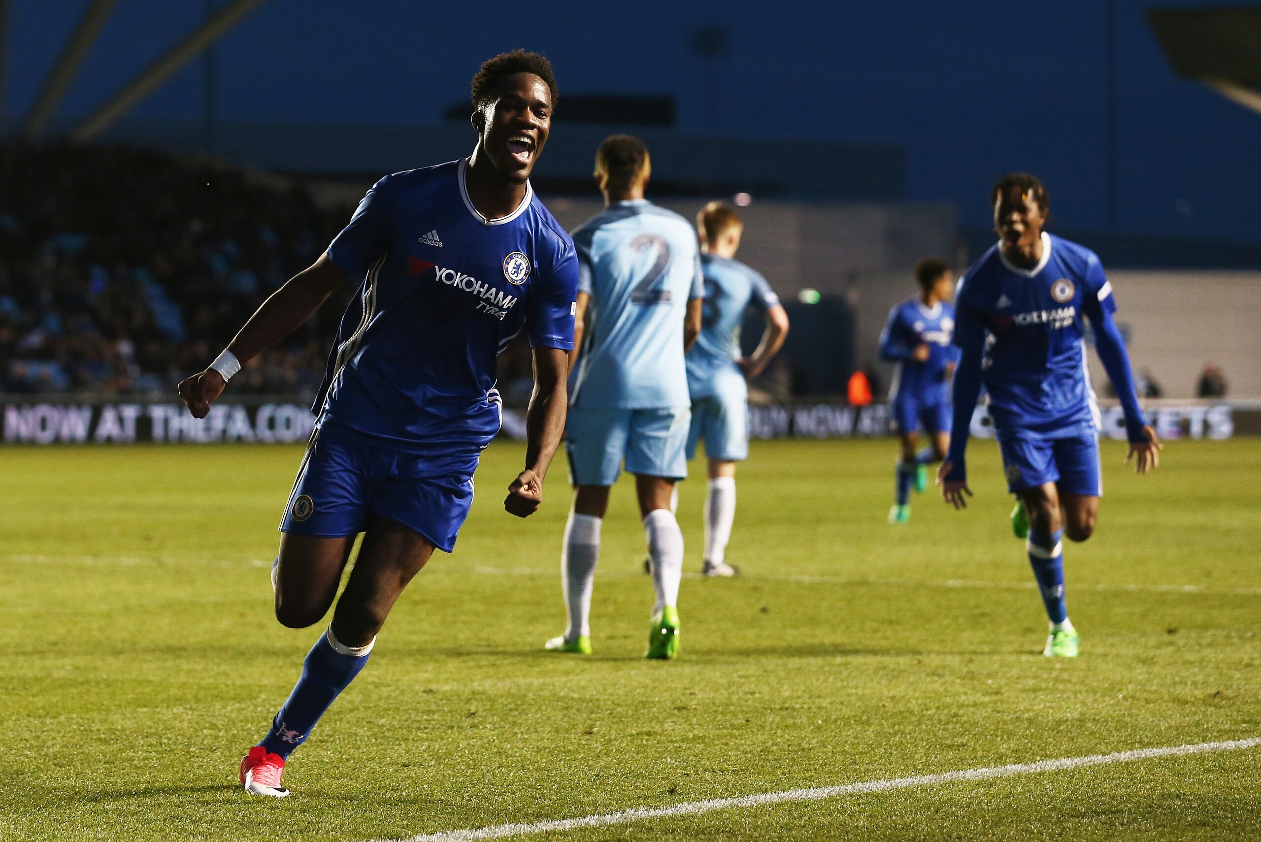 MANCHESTER, ENGLAND - APRIL 18:  Ike Ugbo of Chelsea celebrates scoring his sides first goal during the FA Youth Cup Final First Leg match between Manchester City and Chelsea at The Academy Stadium on April 18, 2017 in Manchester, England.  (Photo by Jan 