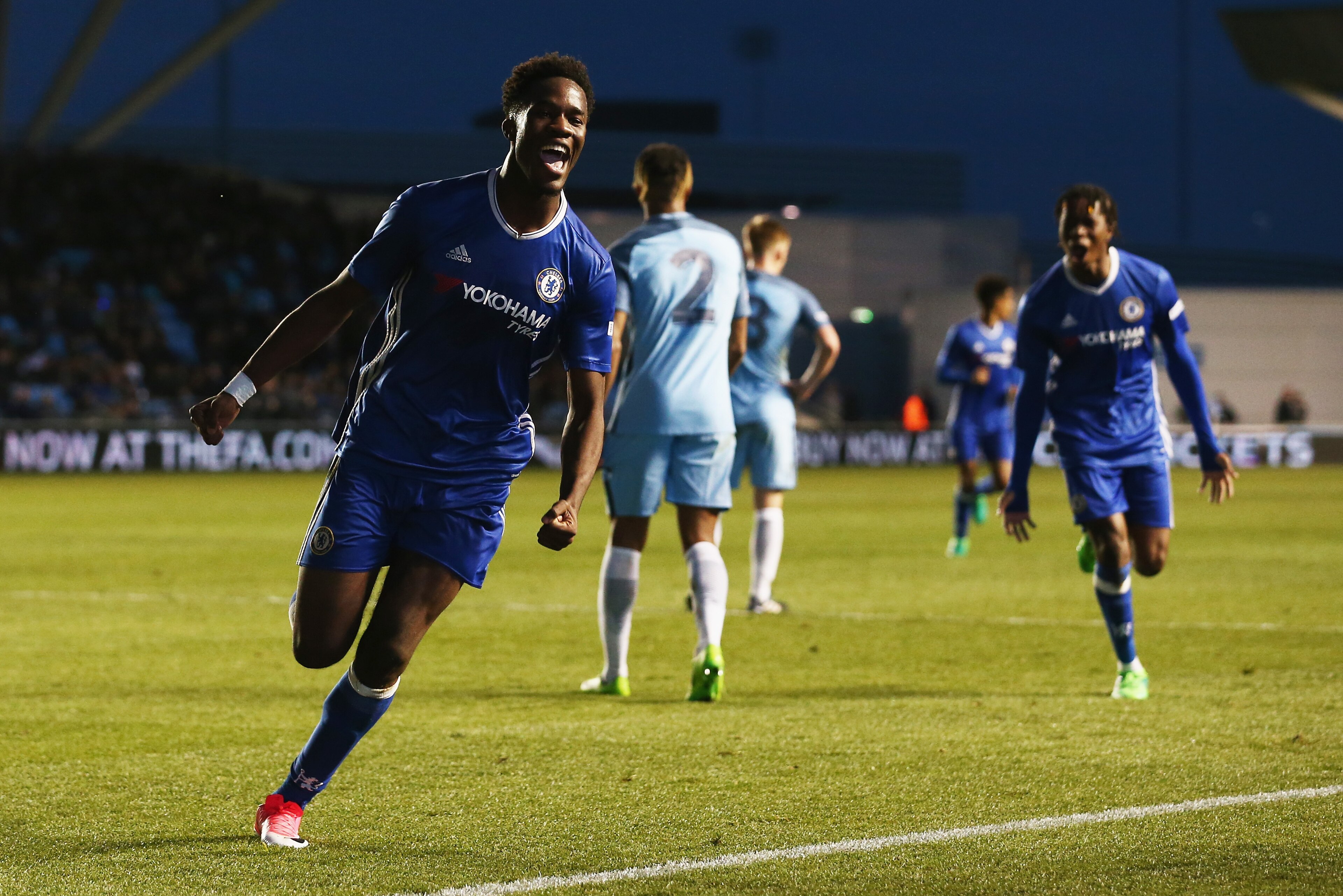 MANCHESTER, ENGLAND - APRIL 18:  Ike Ugbo of Chelsea celebrates scoring his sides first goal during the FA Youth Cup Final First Leg match between Manchester City and Chelsea at The Academy Stadium on April 18, 2017 in Manchester, England.  (Photo by Jan 