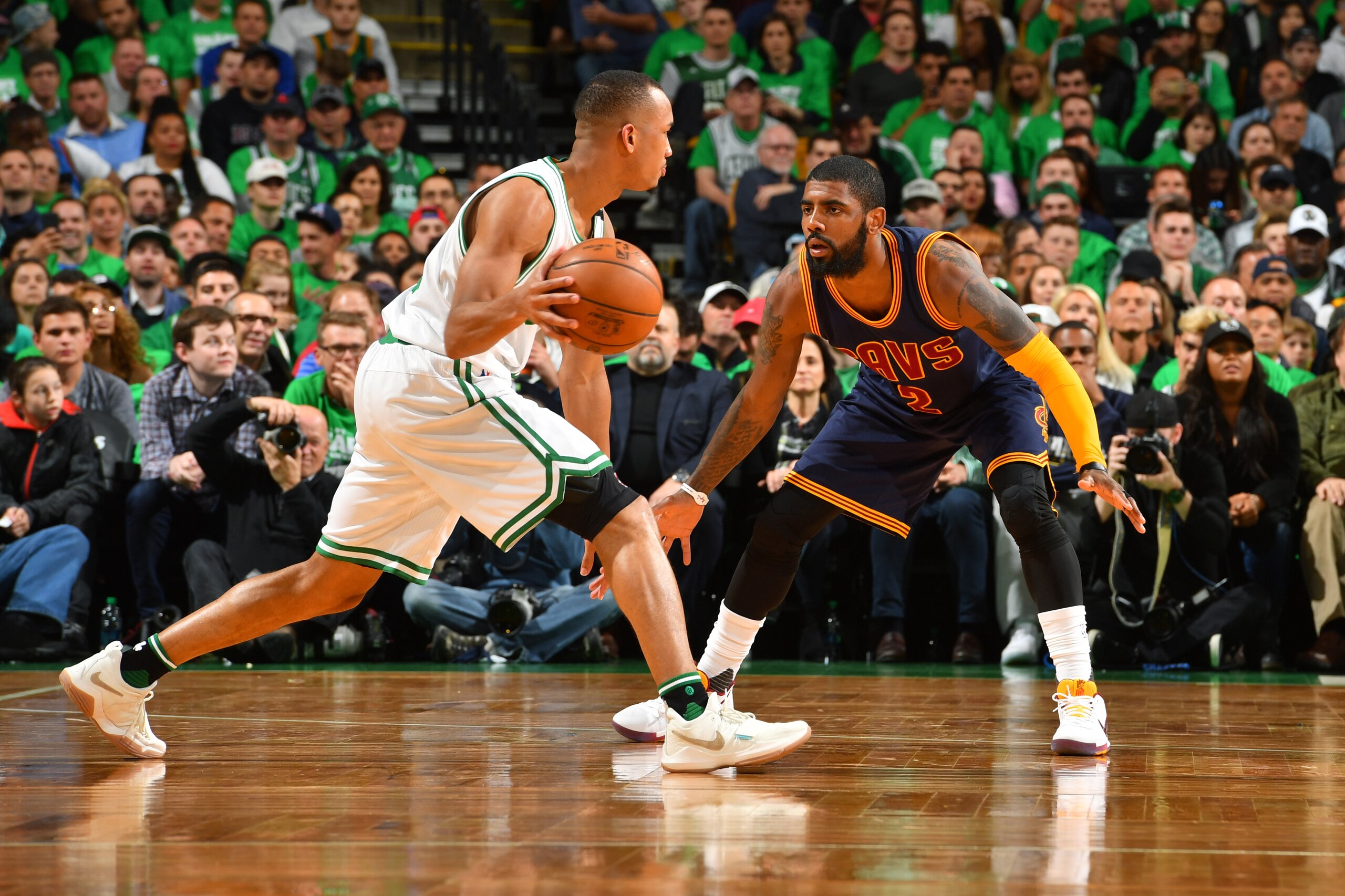 BOSTON, MA - MAY 25:  Kyrie Irving #2 of the Cleveland Cavaliers plays defense against Cleveland Cavaliers in Game Five of the Eastern Conference Finals during the 2017 NBA Playoffs on May 25, 2017 at the TD Garden in Boston, Massachusetts. NOTE TO USER: 