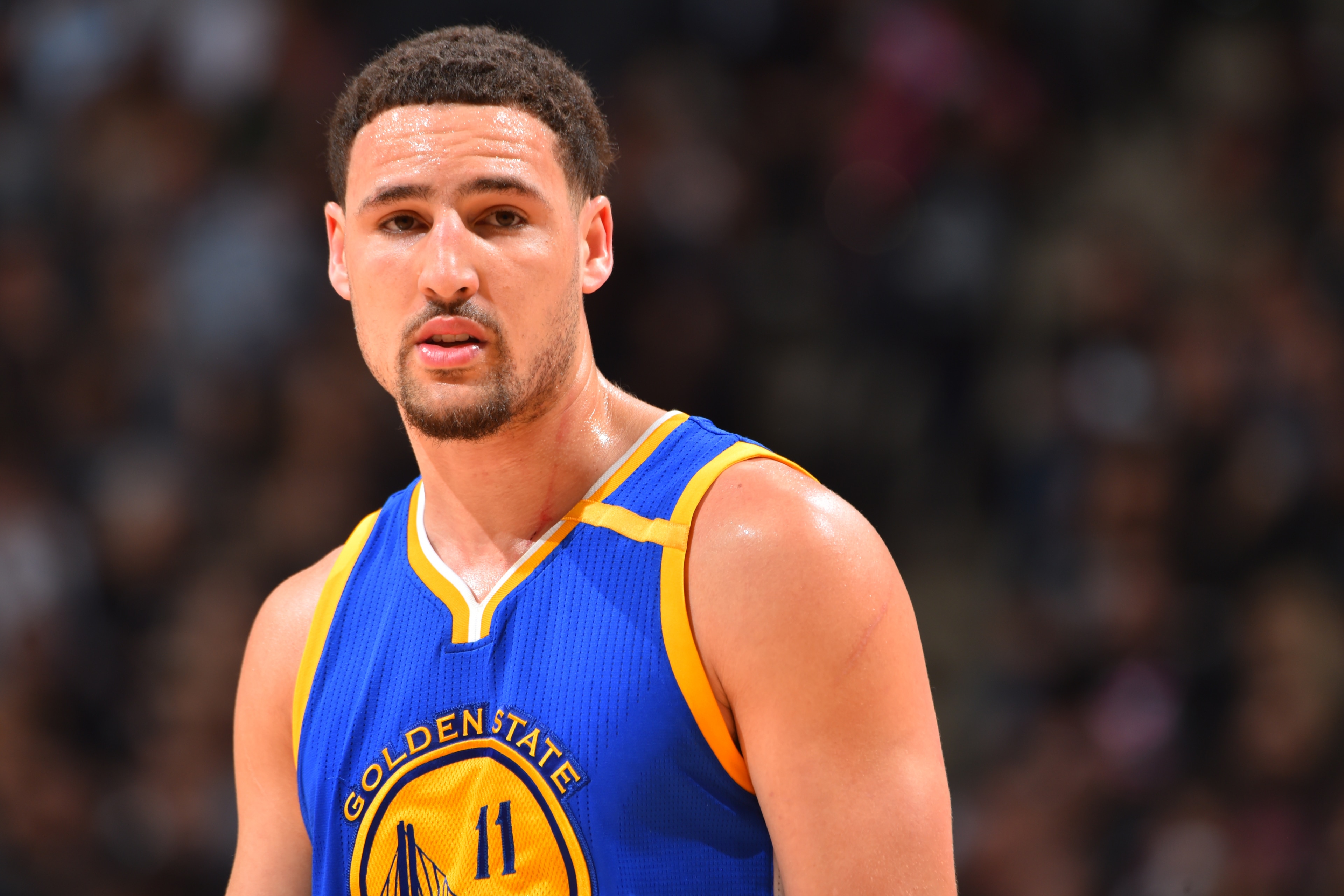 SAN ANTONIO, TX - MAY 22:  Klay Thompson #11 of the Golden State Warriors looks on during the game against the San Antonio Spurs during Game Four of the Western Conference Finals of the 2017 NBA Playoffs on May 22, 2017 at the AT&T Center in San Antonio, 