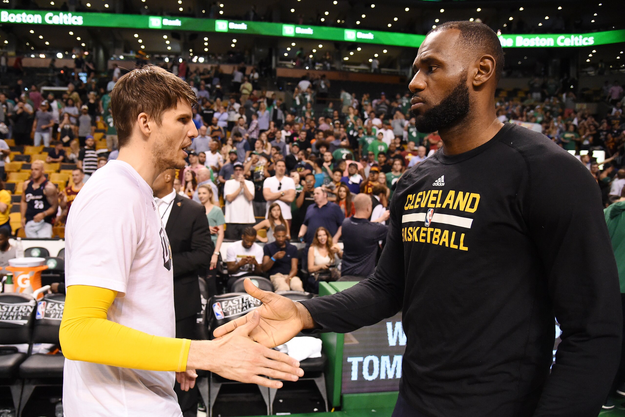 BOSTON, MA - MAY 19:  LeBron James #23 and Kyle Korver #26 of the Cleveland Cavaliers celebrate after Game Two of the Eastern Conference Finals of the 2017 NBA Playoffs on May 19, 2017 at the TD Garden in Boston, Massachusetts. NOTE TO USER: User expressl