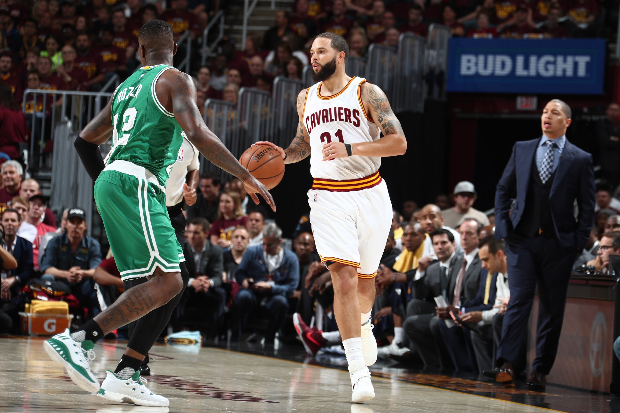 CLEVELAND, OH - MAY 23: Deron Williams #31 of the Cleveland Cavaliers handles the ball against the Boston Celtics in Game Four of the Eastern Conference Finals during the 2017 NBA Playoffs on May 23, 2017 at Quicken Loans Arena in Cleveland, Ohio.  NOTE T