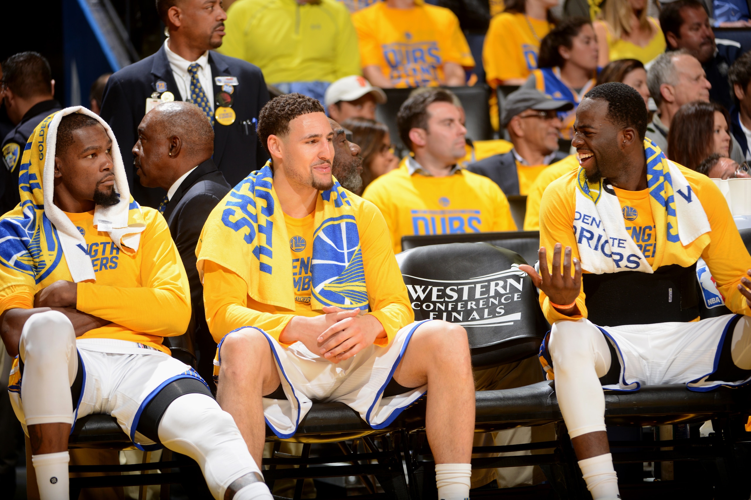 OAKLAND, CA - MAY 16:  Klay Thompson #11 and Draymond Green #23 of the Golden State Warriors talk during the game against the San Antonio Spurs during Game Two of the Western Conference Finals of the 2017 NBA Playoffs on May 16, 2017 at ORACLE Arena in Oa