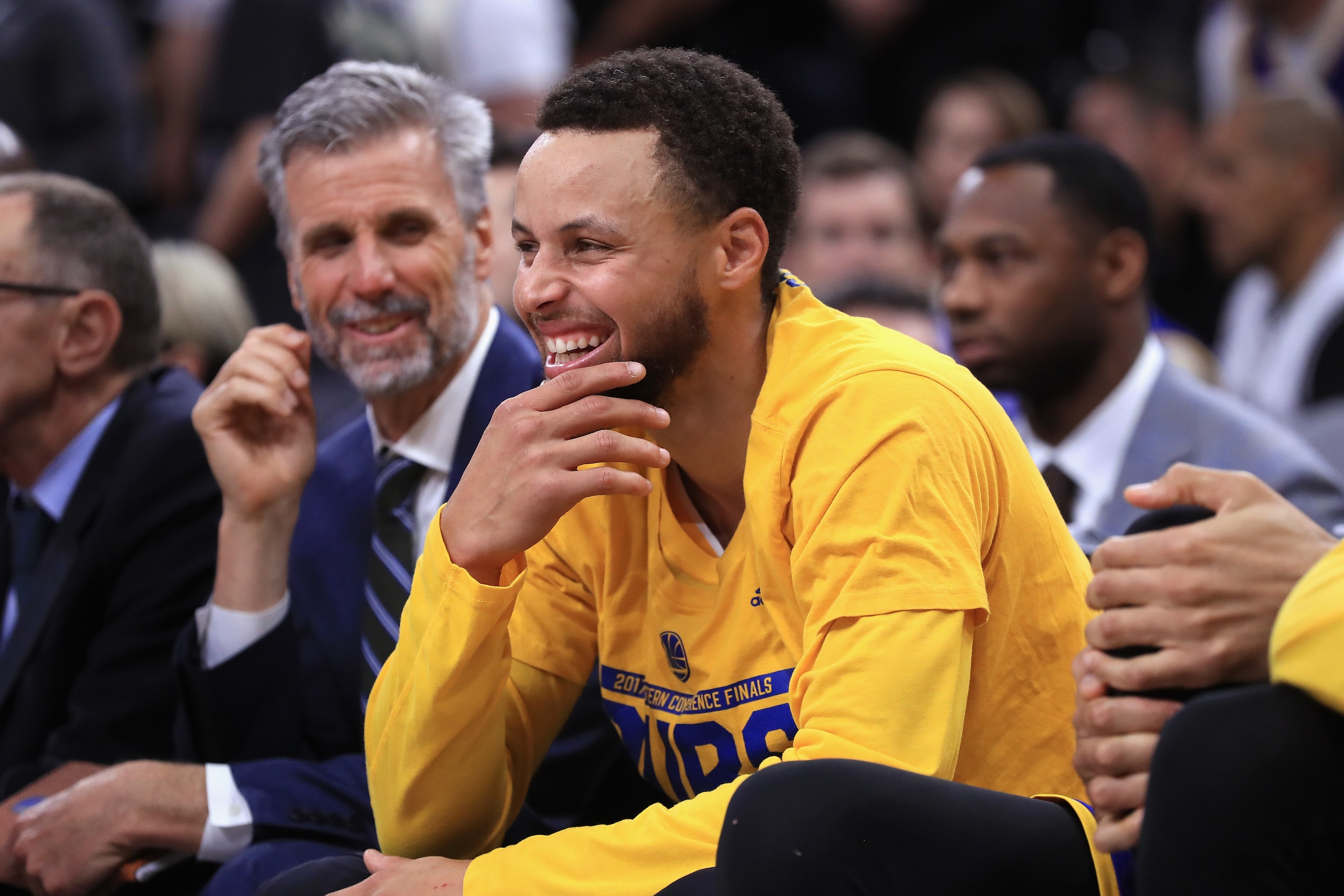 SAN ANTONIO, TX - MAY 22:  Stephen Curry #30 of the Golden State Warriors reacts on the bench in the second half against the San Antonio Spurs during Game Four of the 2017 NBA Western Conference Finals at AT&T Center on May 22, 2017 in San Antonio, Texas.