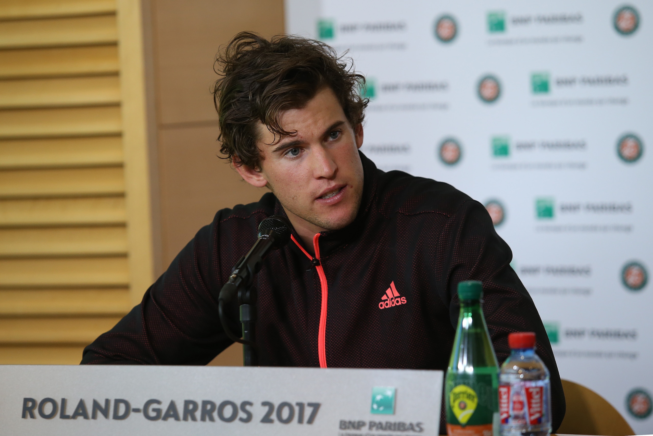 PARIS, FRANCE - MAY 26: Dominic Thiem of Austria answers to the media two days ahead of the start of 2017 French Open at Roland Garros stadium on May 26, 2017 in Paris, France. (Photo by Jean Catuffe/Getty Images)
