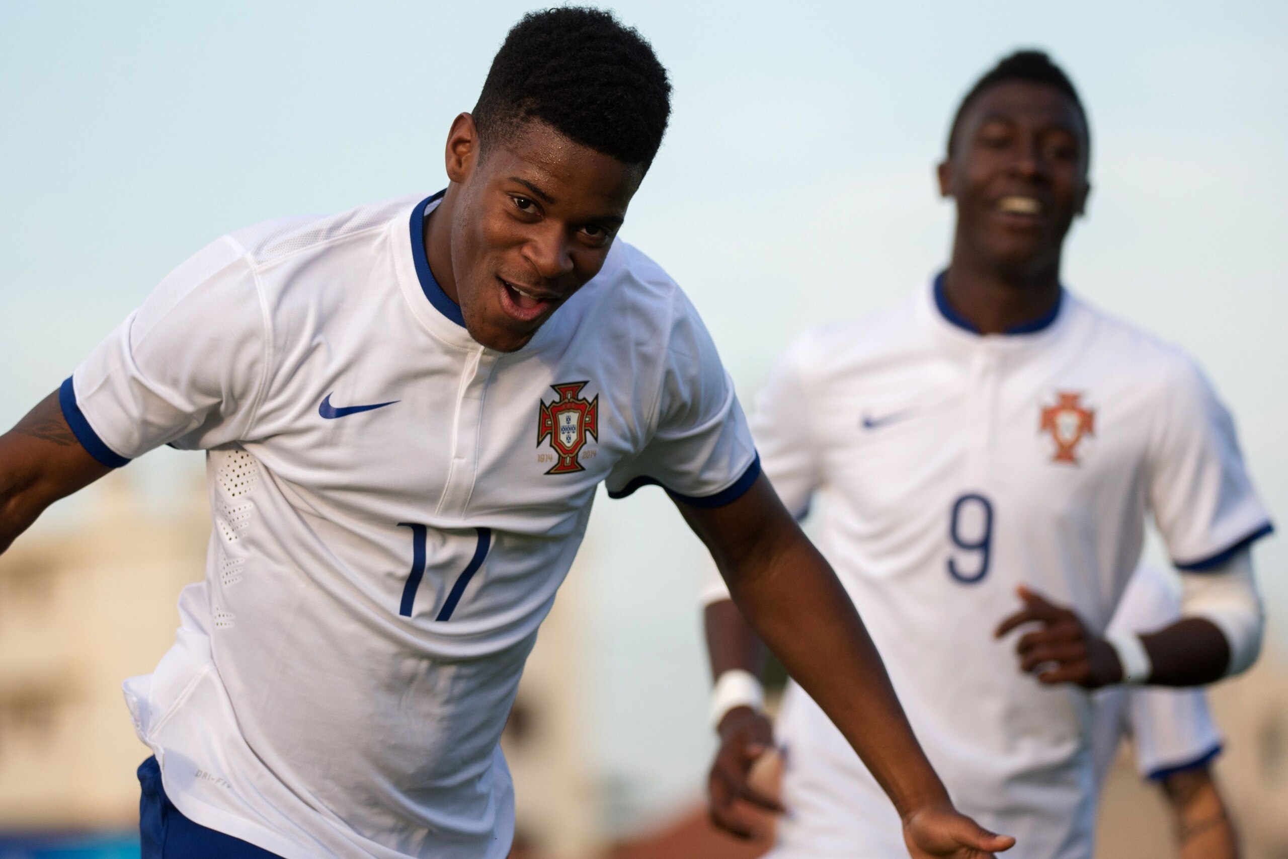 Portugal's forward Alexandre Silva (L) celebrates after scoring a goal during the Toulon Tournament (Festival International Espoirs) Under 21 football match between Portugal and Paraguay at the Leo-Lagrange stadium in Toulon, southern France, on May 27, 2