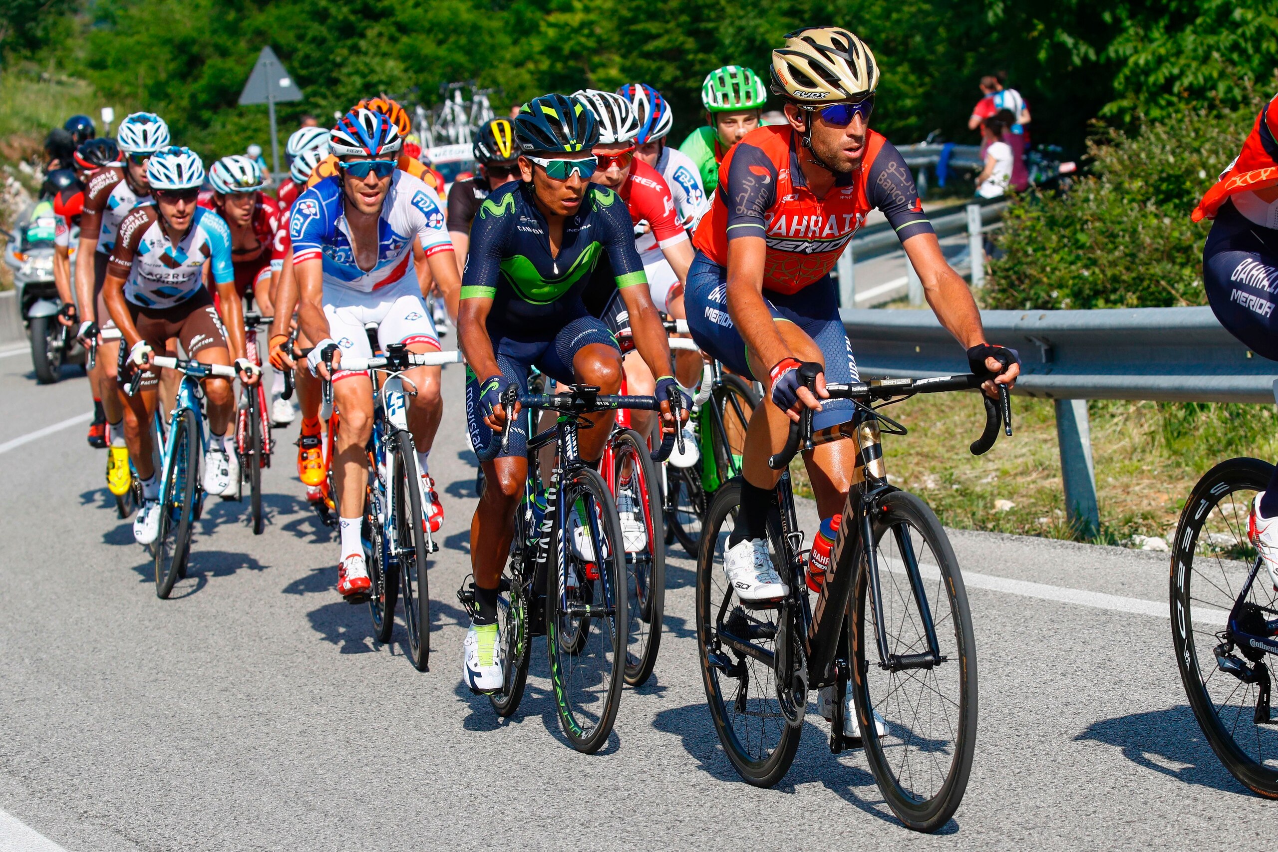 Italian Cyclist Vincenzo Nibali (R) of Bahrain - Merida team, Colombian cyclist Nairo Quintana (2ndR) of Movistar team and French cyclist Thibaut Pinot (3rdR) of Team FDJ ride in the final climb during the 19th stage of 100th Giro d'Italia, Tour of Italy, Italian Cyclist Vincenzo Nibali (R) of Bahrain - Merida team, Colombian cyclist Nairo Quintana (2ndR) of Movistar team and French cyclist Thibaut Pinot (3rdR) of Team FDJ ride in the final climb during the 19th stage of 100th Giro d'Italia, Tour of Italy,